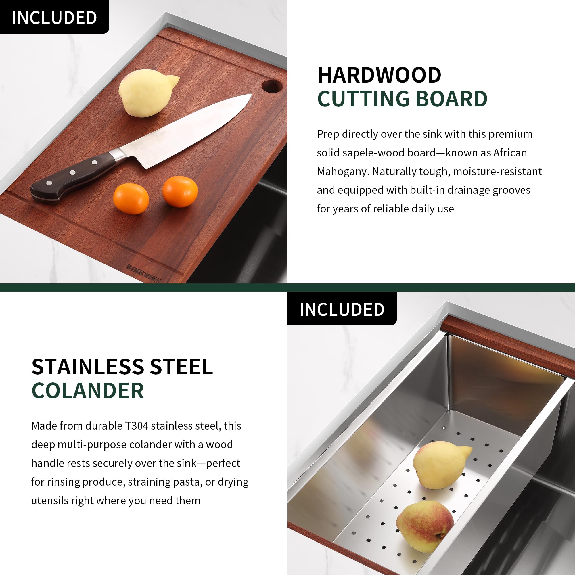 Estación de trabajo para fregadero de cocina de 27 pulgadas, fregadero de 25 x 19 pulgadas, fregadero de acero inoxidable con tabla de cortar de madera de sapele, colador SST con mango de