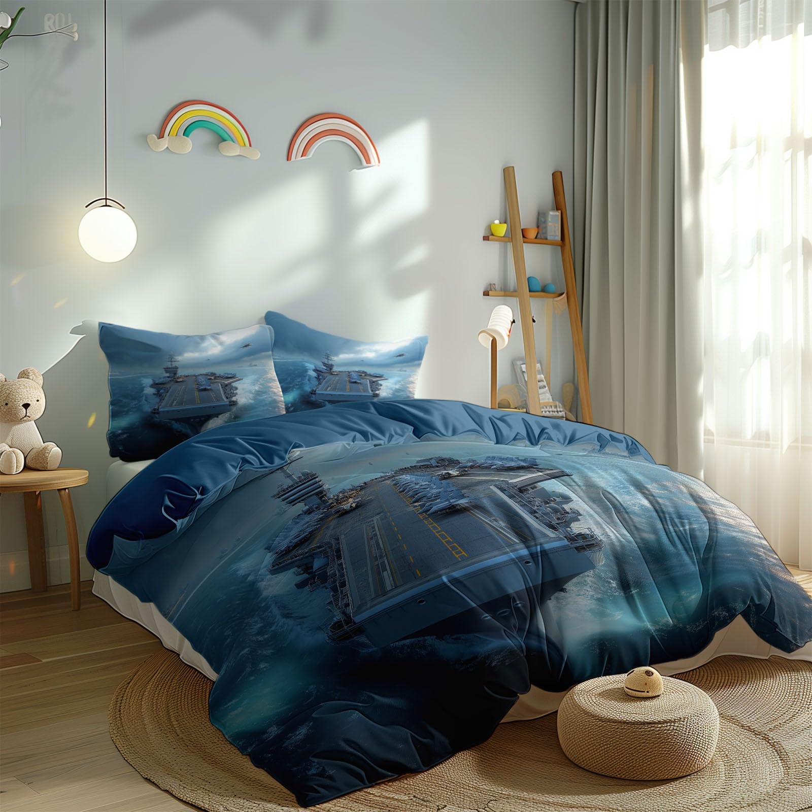 Realistyczny zestaw pościeli 200 x 200 cm i 2 poszewki na poduszki dla dzieci, poszewka na kołdrę statek myśliwski, lekka i oddychająca konstrukcja, 4 pory roku, dla chłopców i dziewcząt
