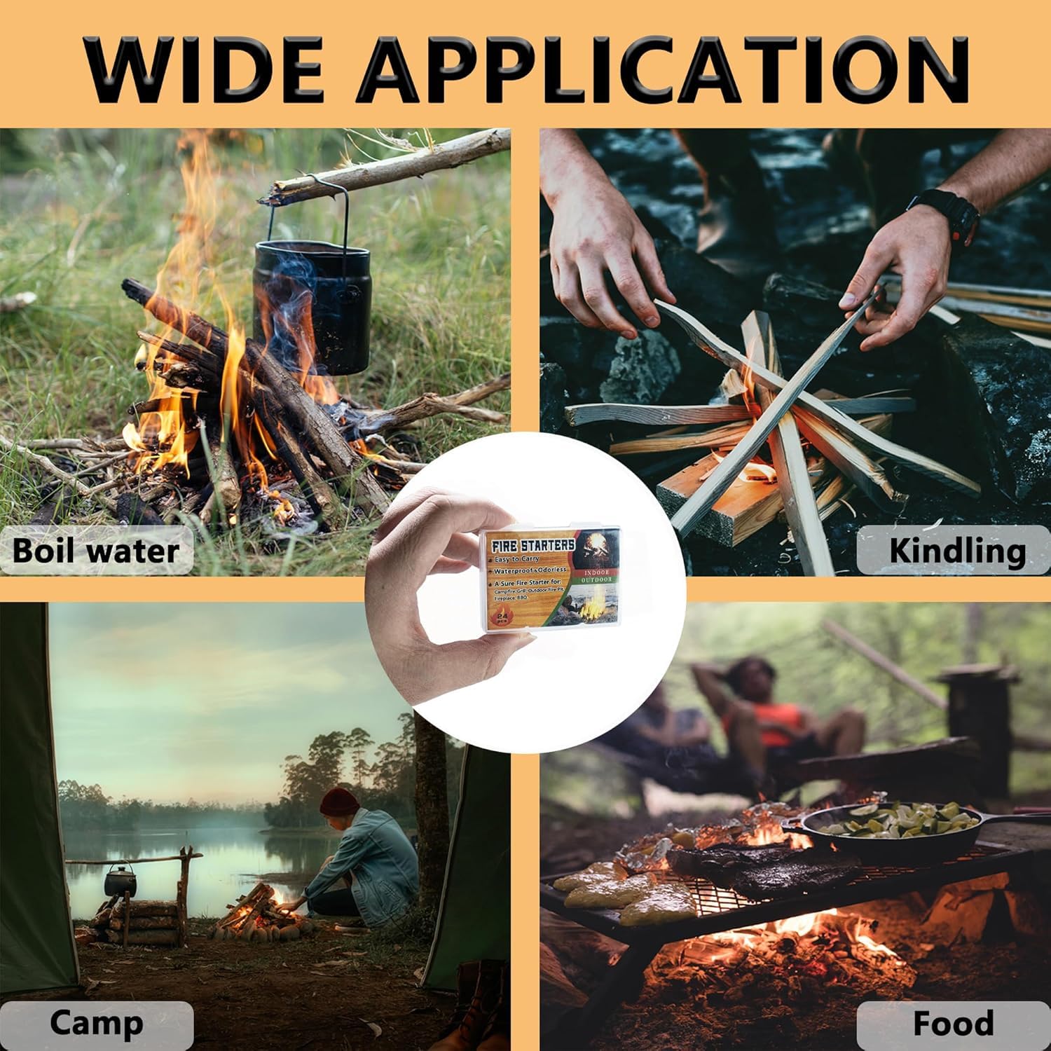 Fire Starters, 24 Pack, Waterproof & Odorless, Indoor/Outdoor Use for Campfire, Fireplace, BBQ, Grill