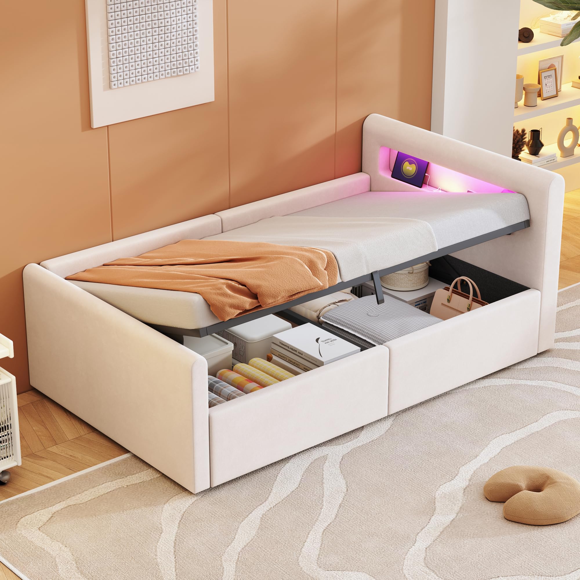 Lubvtti Letto singolo imbottito 90×200cm, Letto contenitore con luce LED e porta USB, Con vano portaoggetti, Letto per bambini con vano contenitore idraulico, Velluto, Beige (materasso non incluso)
