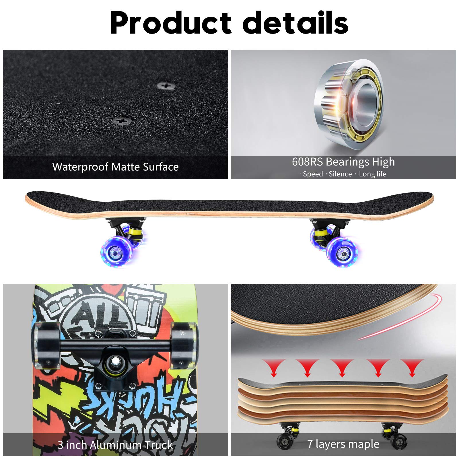 Complete Skateboard, 78.7 x 20.3 cm, ABEC-11 Bearings, 8-Ply Oak