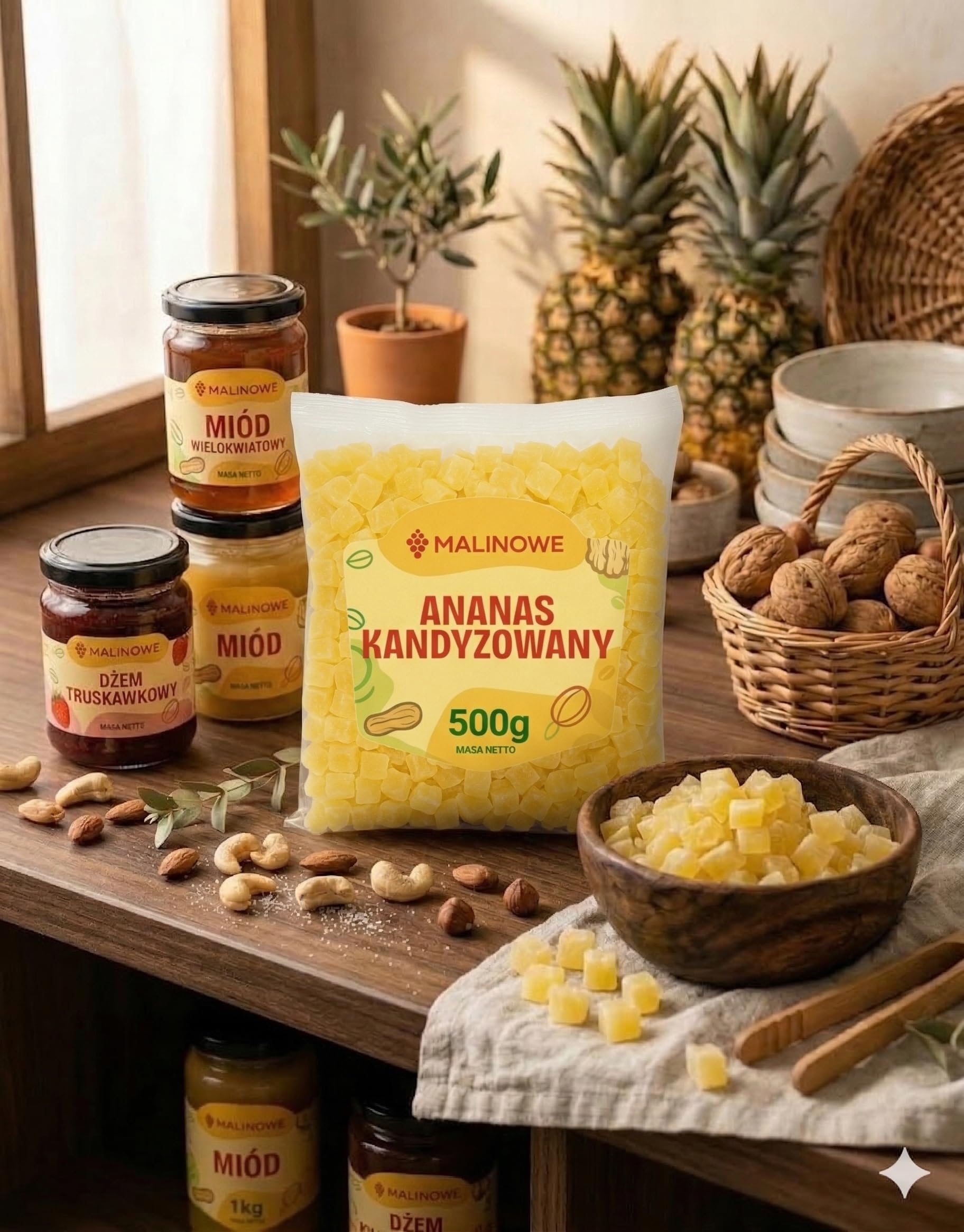 Malinowe ANANAS KANDYZOWANY KOSTKA 500g Owoce Tropikalne Naturalny Premium