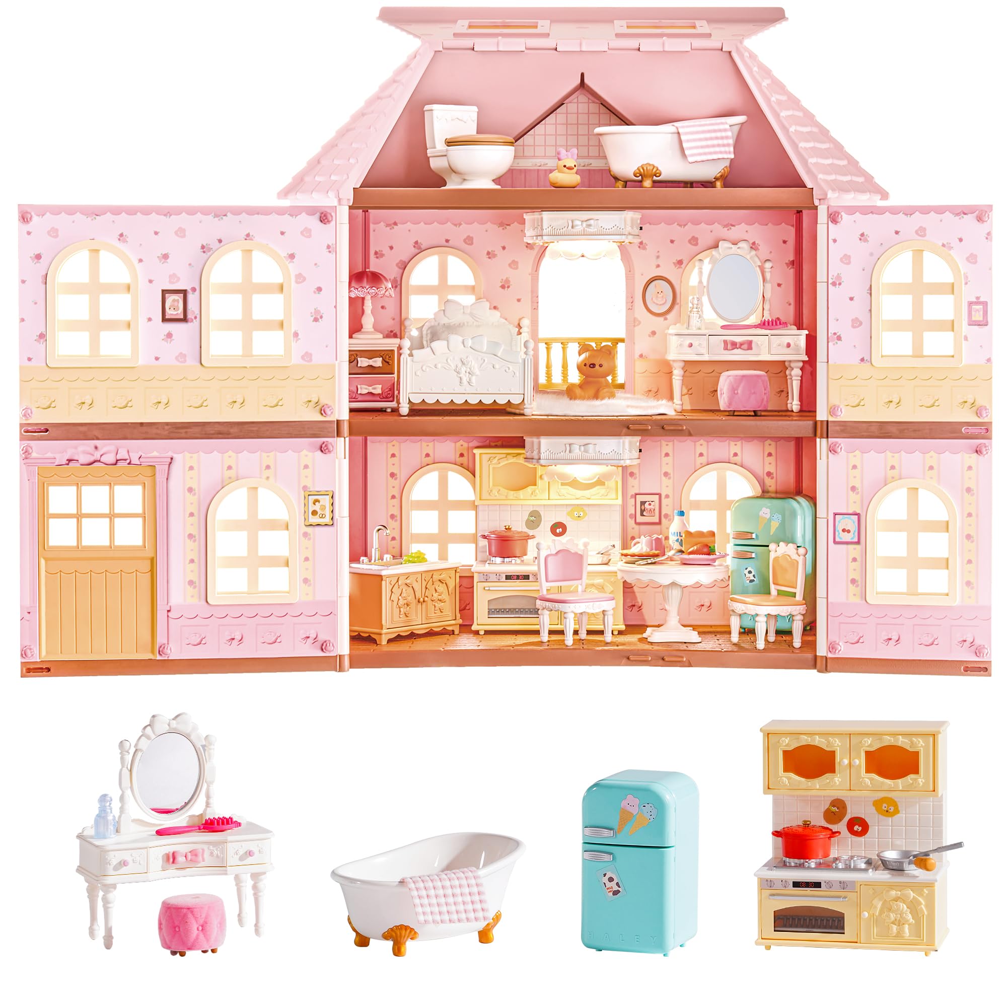 Rolife Haley Island Fairy Rose Cottage Dollhouse Kit, Victorian Pink Miniature Villa with LED Lights, 178pcs DIY Building Set, Toy & Gift for Kids Girls Teens Family