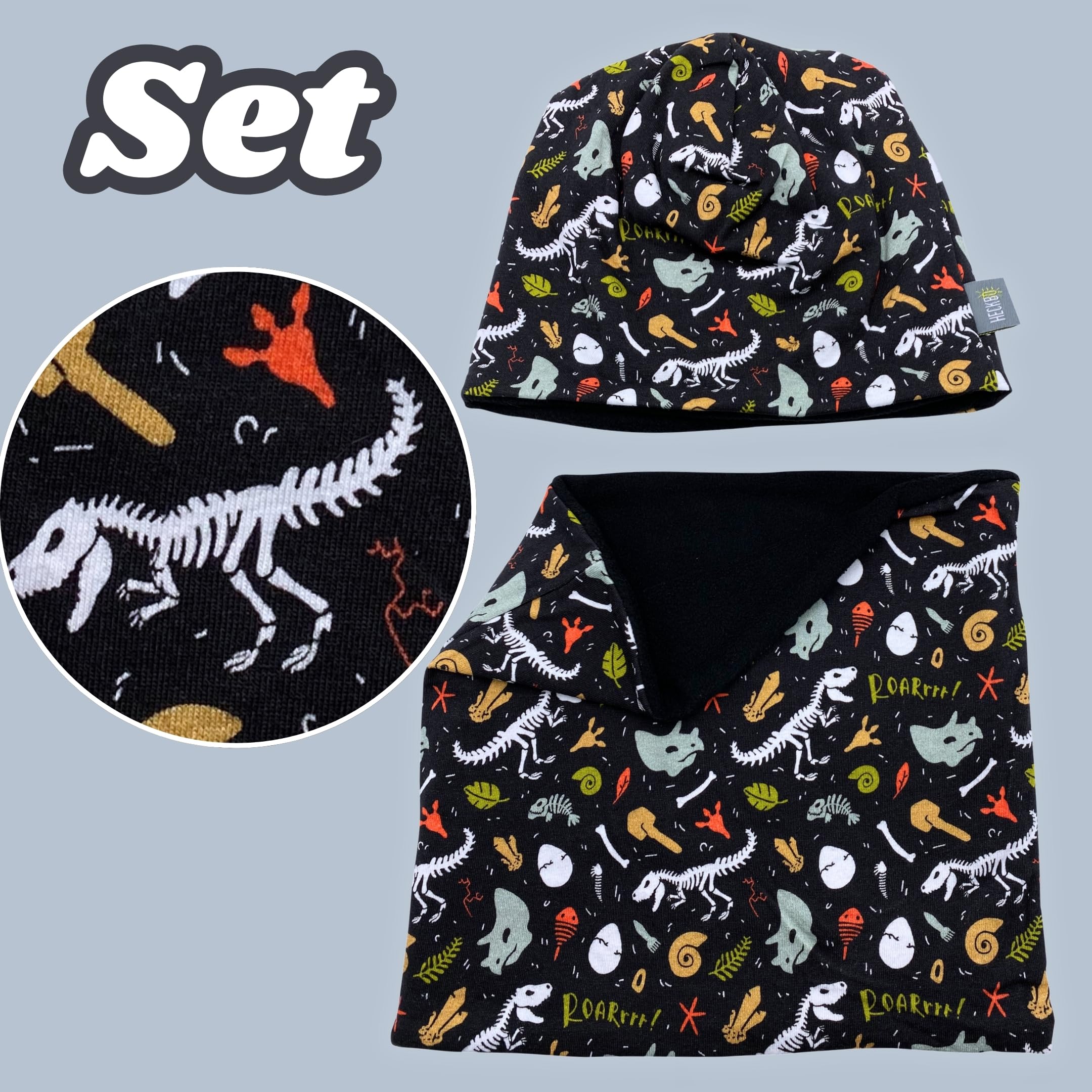 HECKBO Zestaw czapka beanie i komin dla dzieci – z podszyciem z polaru lub dżerseju (dwustronny) – unisex dla chłopców i dziewczynek – 95% bawełny – idealny na jesień, wiosnę i zimę