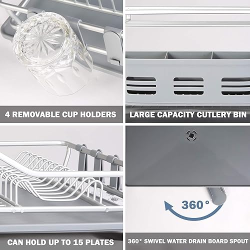 Miniatura 10 de Escurridor de platos con tabla de drenaje giratoria de 360 y boquilla de drenaje, escurridor de platos de aluminio inoxidable de 2 niveles para