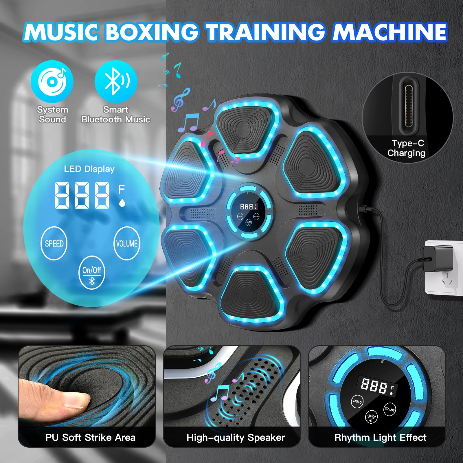 WYRIAZA Macchina da Boxe Musicale, Music Boxing Machine con Bluetooth da Parete con Guantoni da Boxe, Beatpunch Machine de Boxe Musicale Pugile a LED con 11 modalità e 9 velocità