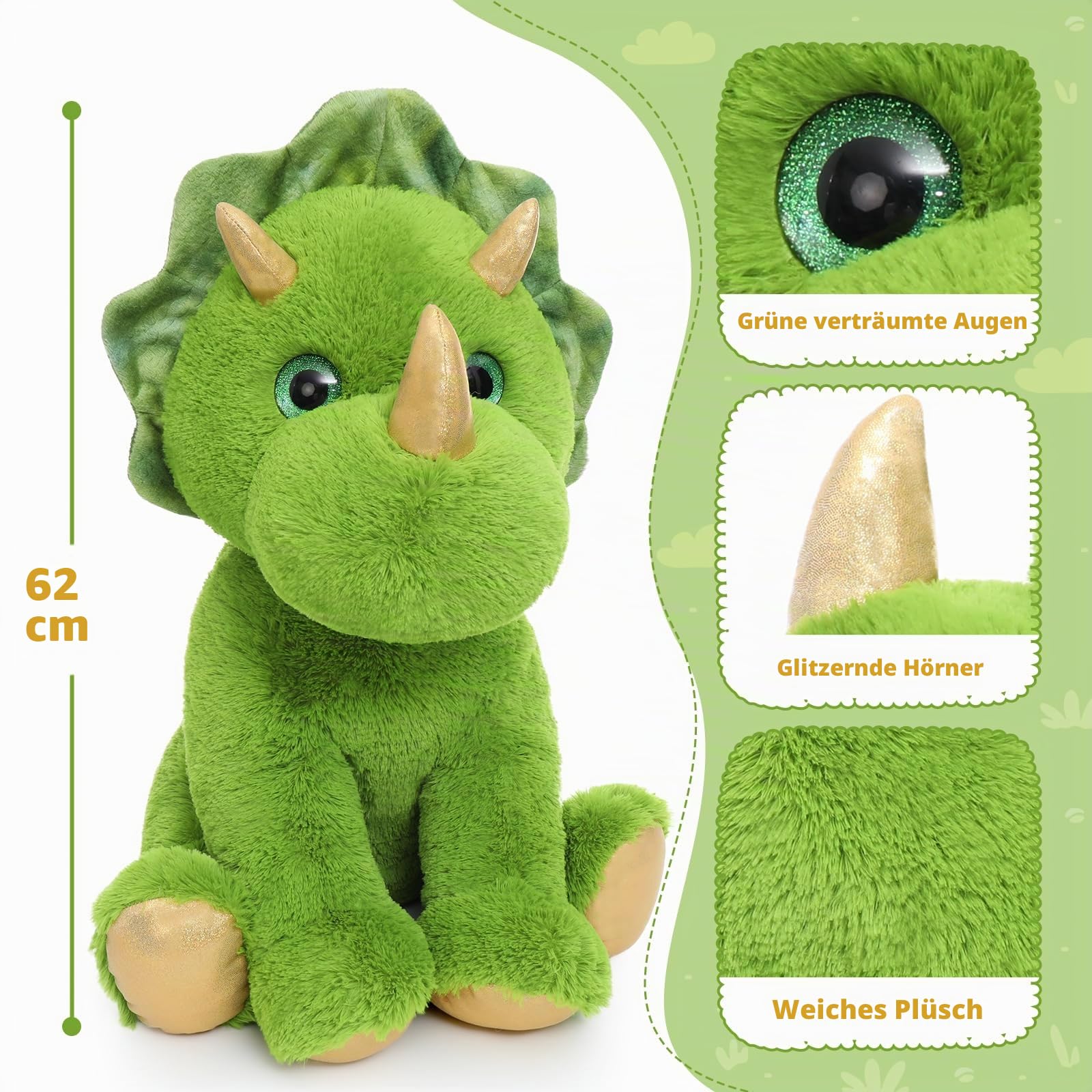 MorisMos Weich gefülltes Triceratops Plüschtier für Kinder, Riesen Dinosaurier Kuscheltier, 62cm Dino Stofftier Spielzeug Kissen Puppe Geburtstag Geschenke