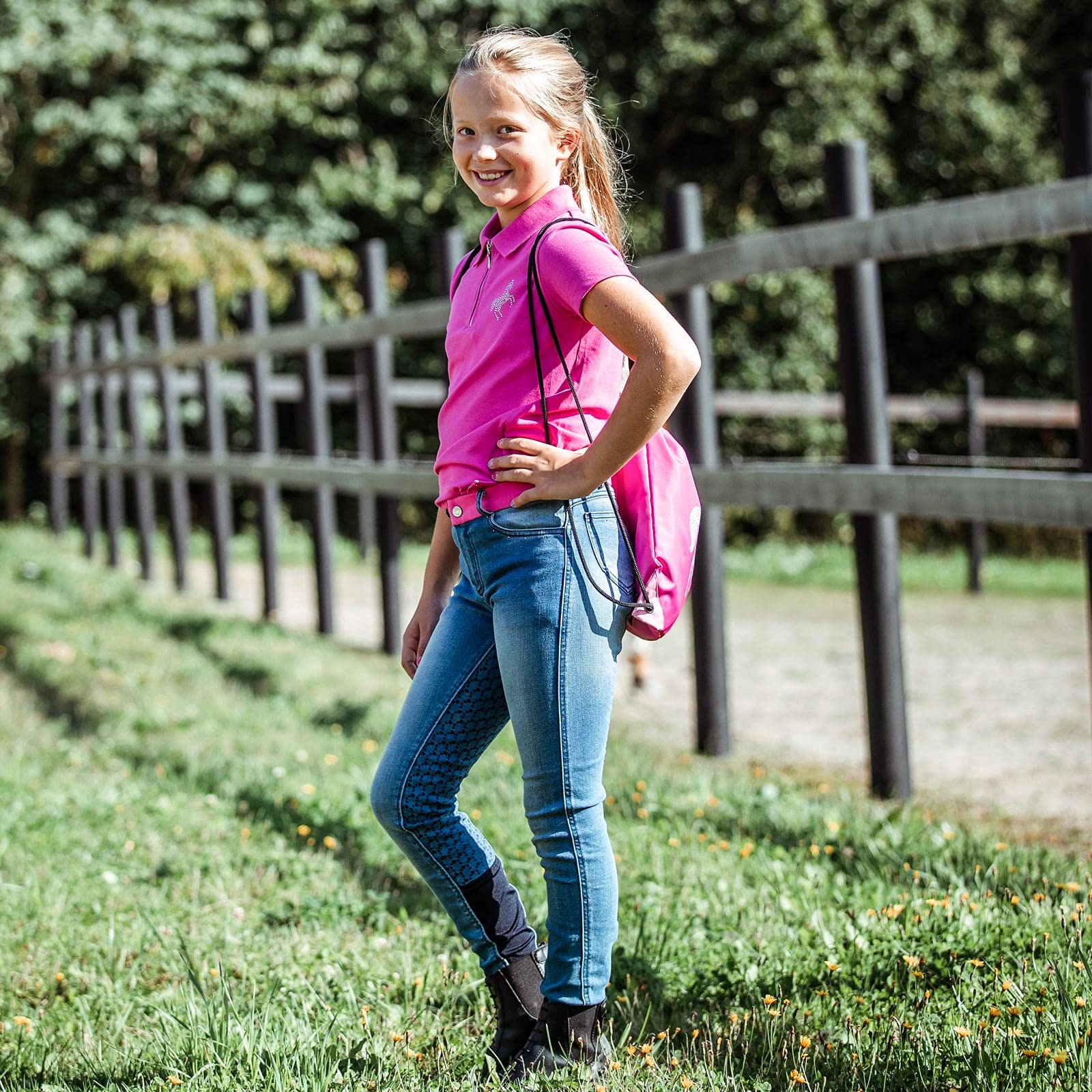 HORZE Pantalones de Montar Vaqueros conAsiento Completo de Silicona para Niños Poppy, Azul, 150