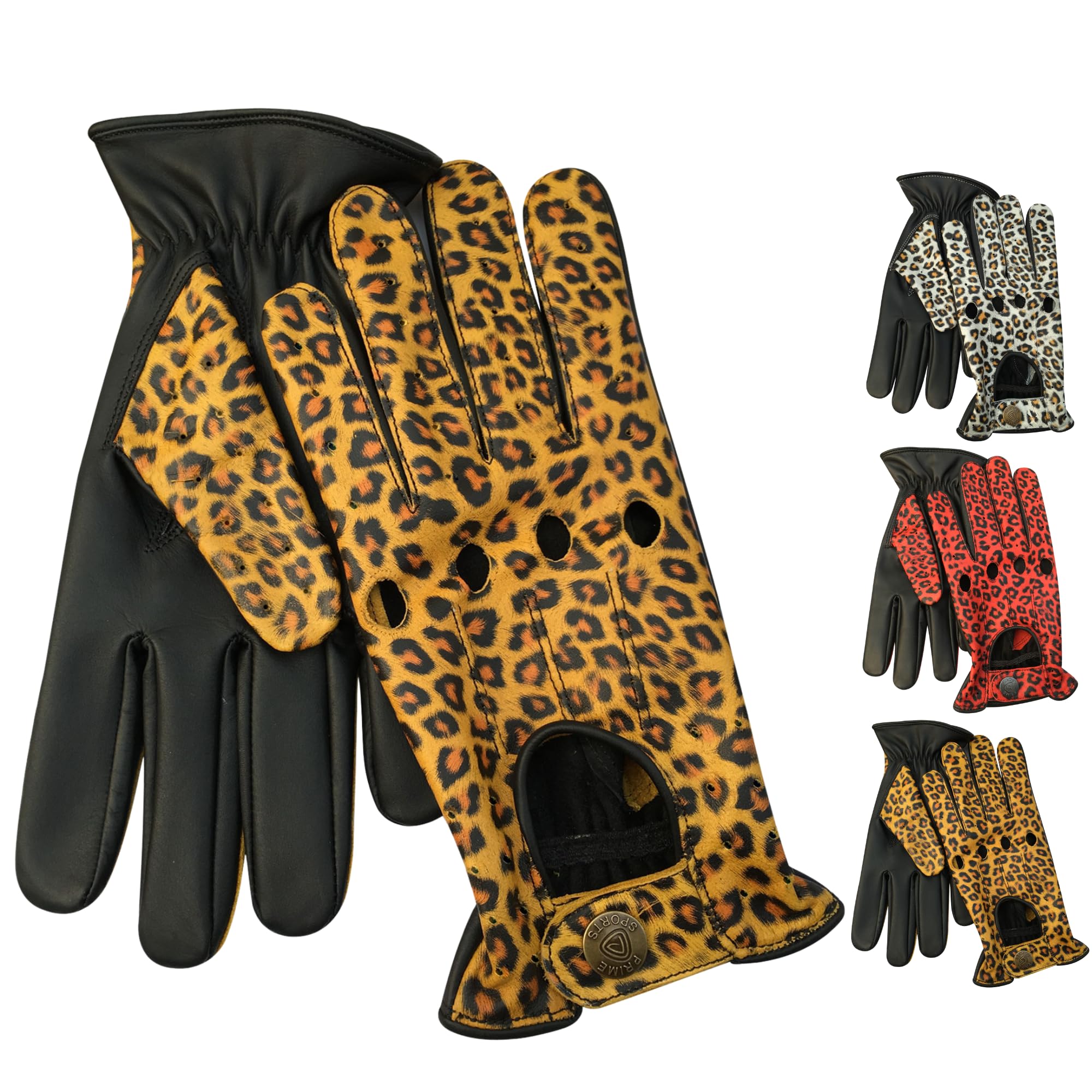 Prime Line Packaging Men's Yellow Supreme Quality Real Leather Driving Gloves Motorcycle Racing Dressing Fashion Slim Fit Glove 507 Leopard Red White (L, )