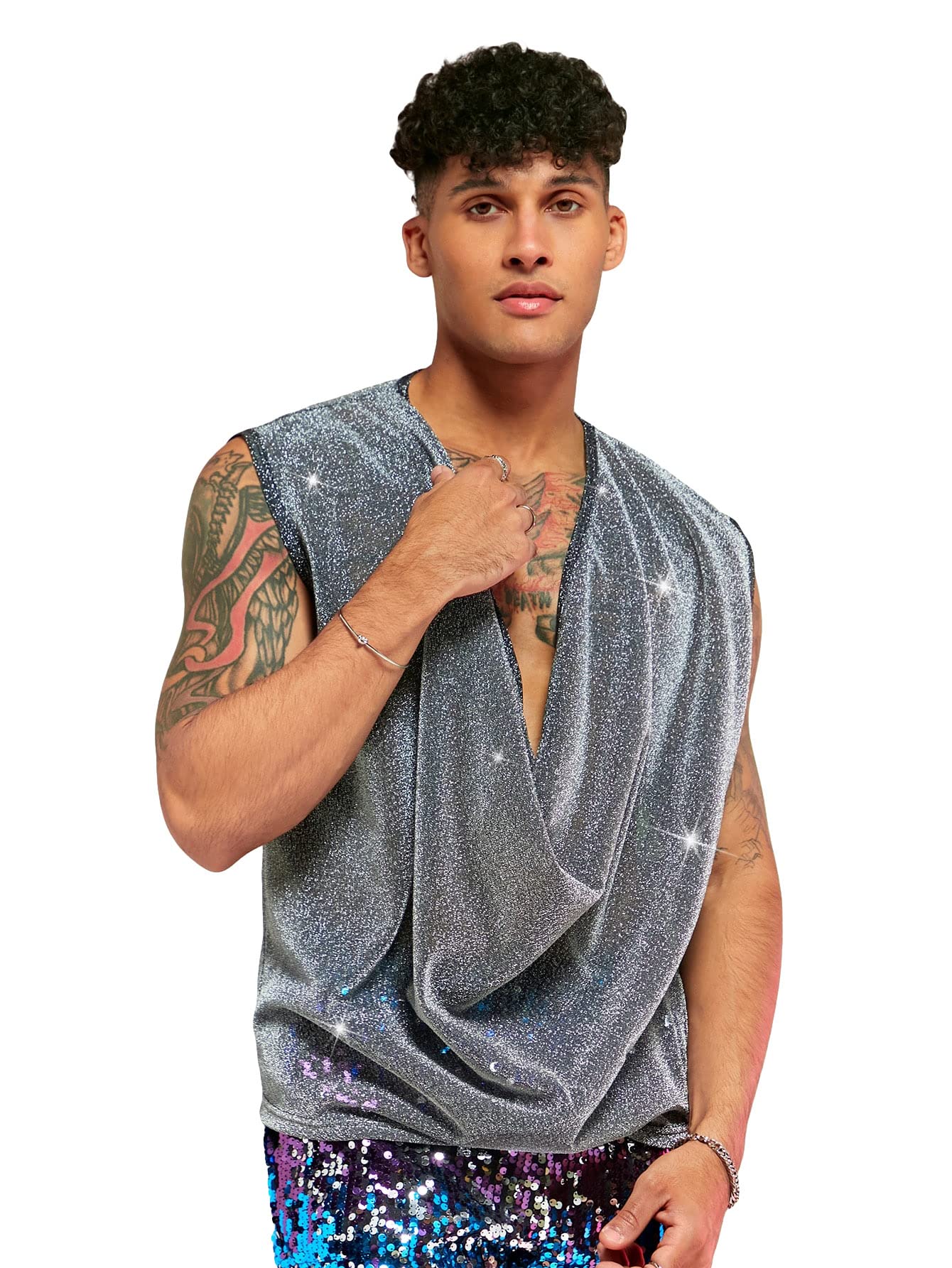 COZYEASEMen's Draped Collar Glitter Tank Top Cowl Neck Sleeveless Plain Party Summer Top