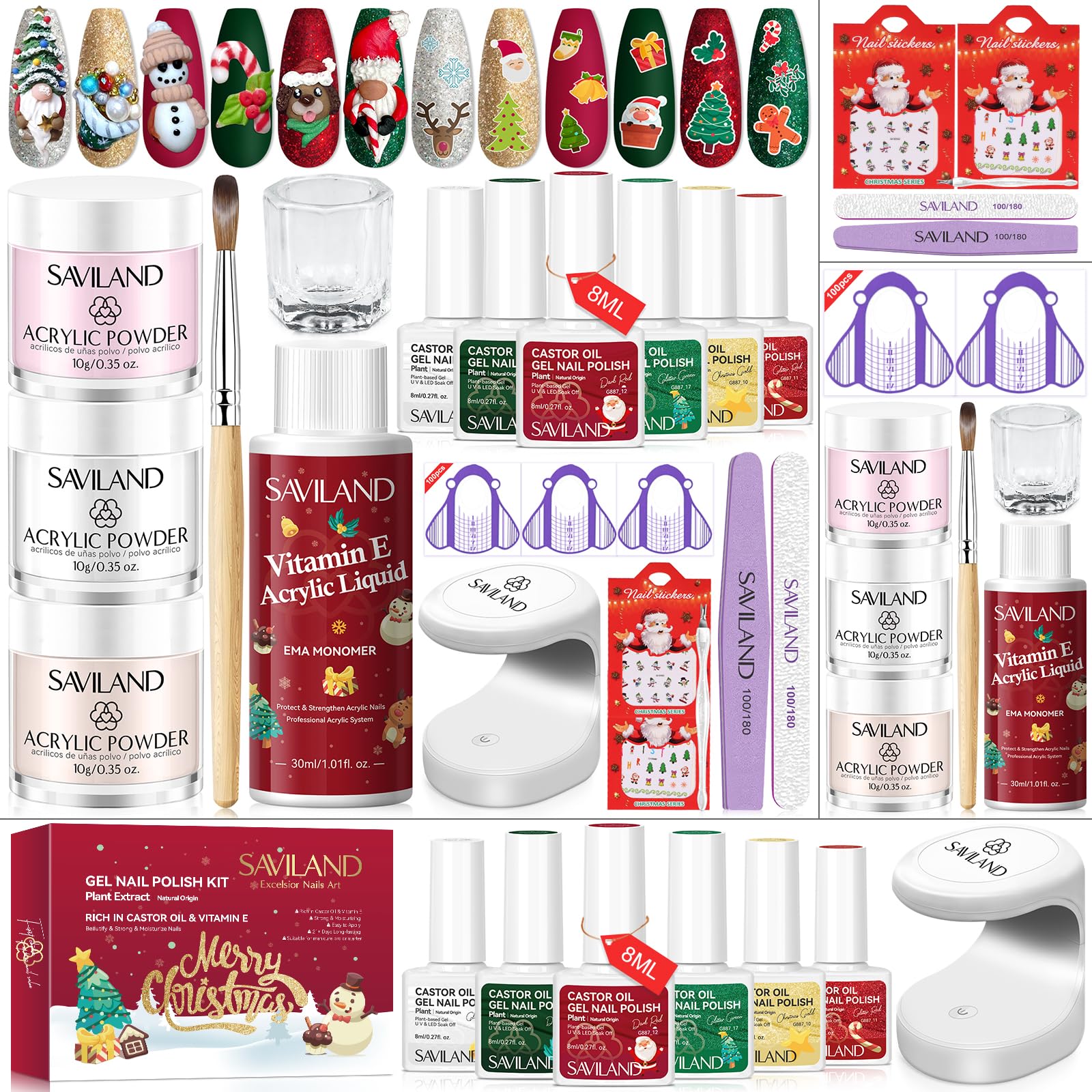 Saviland Christmas Keratin Acrylic Nail Kit: 3 Colors Acrylic Powder Acrylic Liquid Acrylic Nail Brush 6-Color Christmas Gel Nail Polish Decoration For Nail Extension Carving Nail Salon DIY Manicure