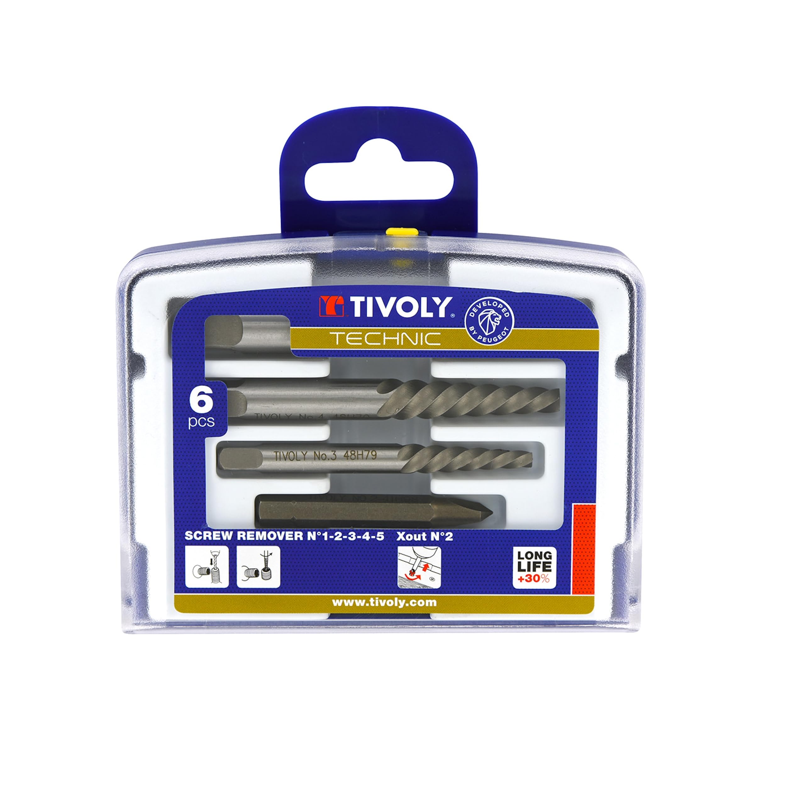 TIVOLY - Kit Extracteurs de Vis Cassée - 5 Extracteurs HCS : N1-​N2-​N3-​N4-​N5 + 1 X-​Out N2 - Pour Extraction de Vis et Goujons M4 à M18
