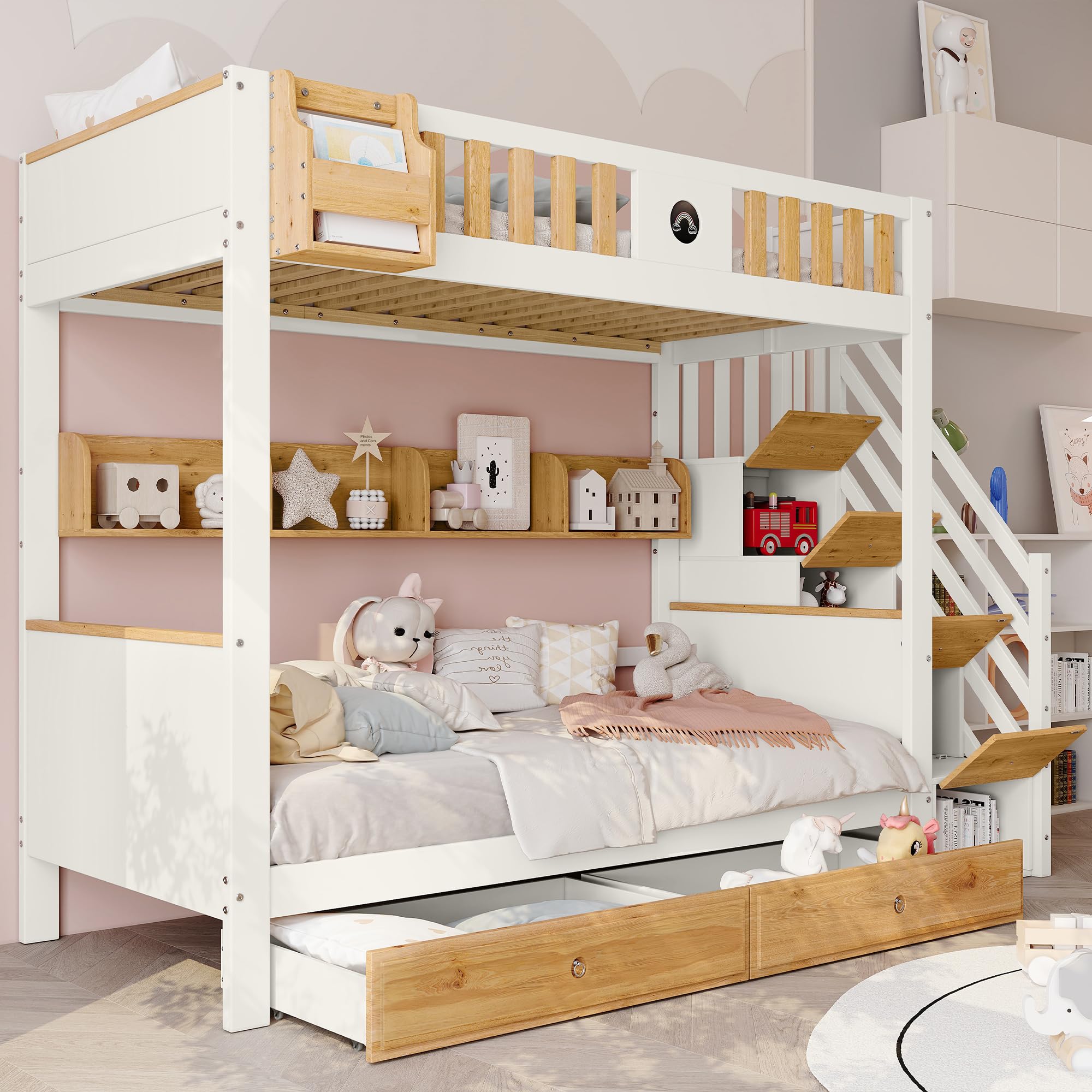 Letto a castello 90 x 200 cm, con lavagne, scale con vano portaoggetti e cassetti, letto a soppalco per 2 bambini, letto a soppalco con rete a doghe e protezione dalle cadute, senza materasso