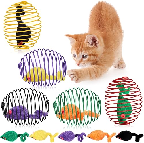 Miniatura 17 de Jecery 5 bolas de resorte para gatos, bolas elásticas para gatos, bobinas coloridas y juguetonas, juguete de acción interactiva, ratas enjauladas
