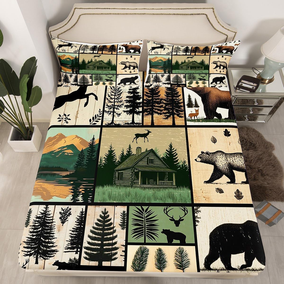Feelyou Rustic Cabin Bed Sheets Set Full Size Retro Bear Bedding Lodge Farmhouse Bear Deer Deep Pocket Fitted Sheet Woodland Animals Vintage Breathable Soft Lightweight Microfiber, NO TOP Sheet