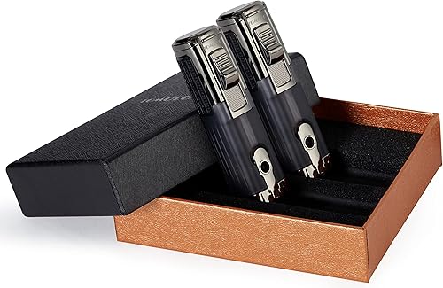 Miniatura 6 de TOMOLO Encendedor de antorcha con triple chorro de llama recargable de butano con ponche de puros paquete de 2 carbón