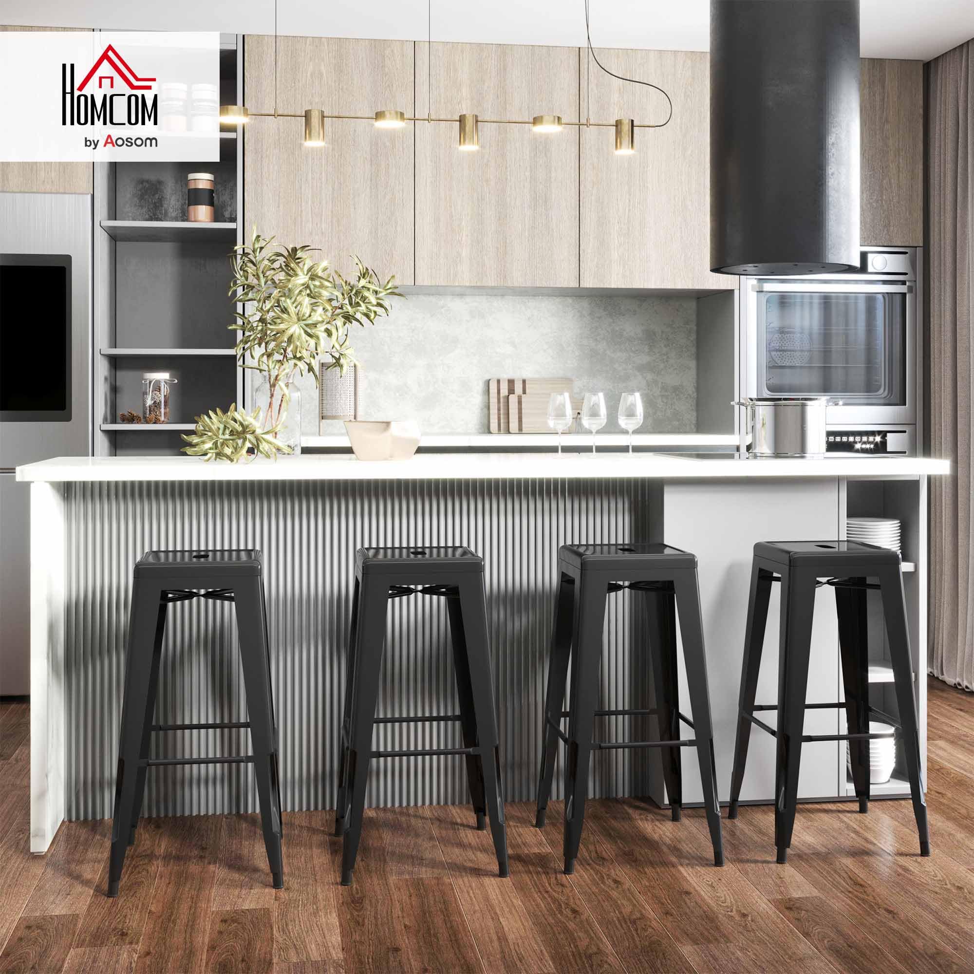 HOMCOM Lot de 4 tabourets de Bar Empilable Chaise de Bar Industriel avec Repose-Pied Hauteur d'Assise 76 cm, Cadre en métal, Style rétro, pour Salle à Manger, Balcon, bistrot ou Bar, Noir