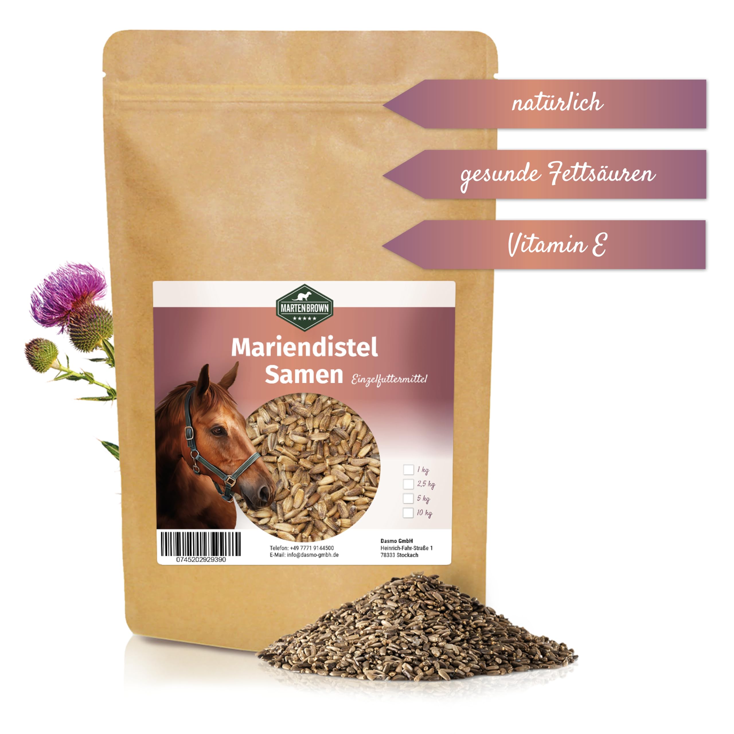 Martenbrown® Nasiona ostropestu plamistego 2,5 kg dla koni, psów i kotów – całe nasiona ostropestu plamistego bez dodatków - 100% produkt naturalny