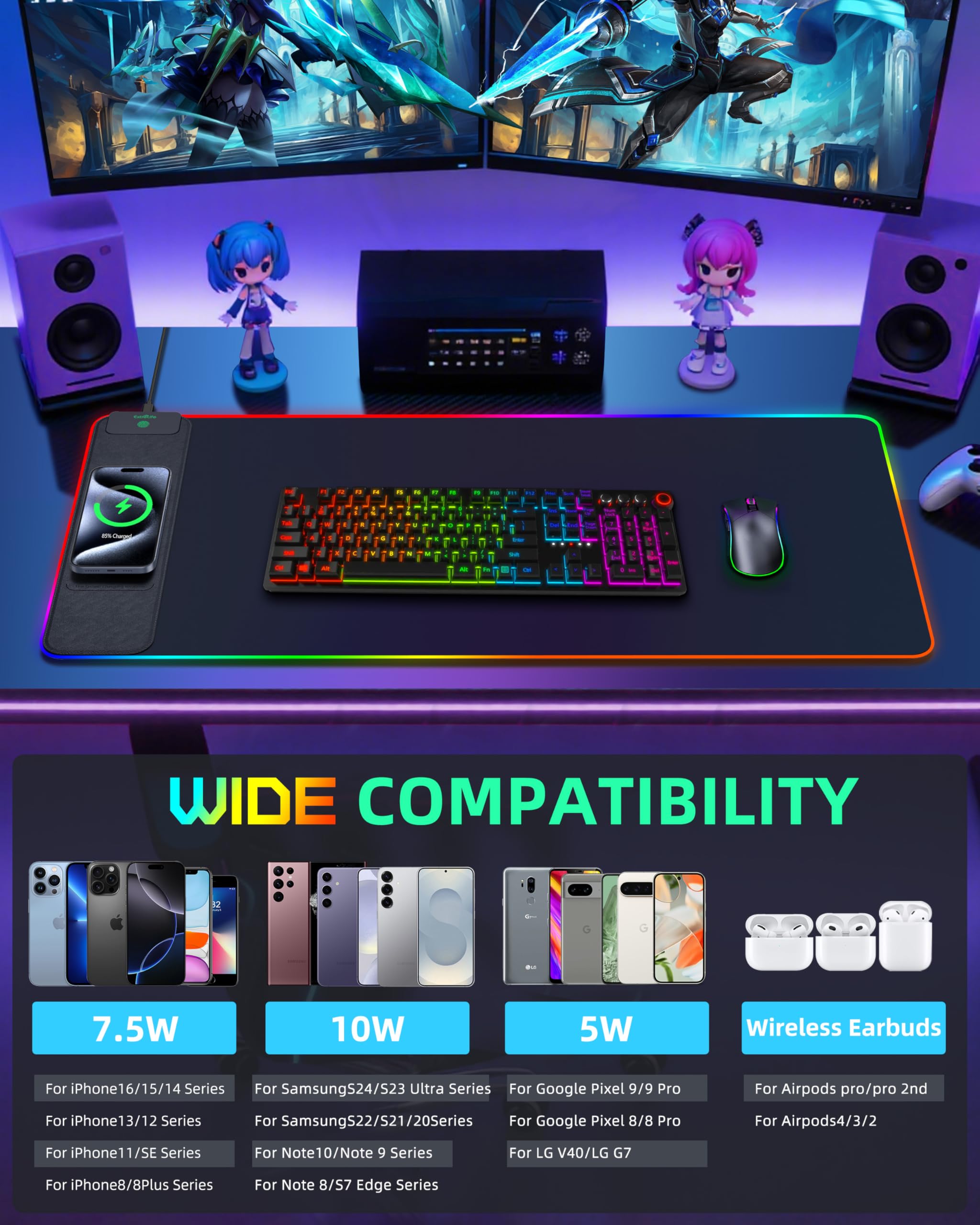 Tappetino per mouse con ricarica wireless, tappetino da scrivania da gioco RGB, 80 x 40 cm, grande, XXL, 15 modalità di illuminazione, superficie ultra liscia, tappetino per mouse antiscivolo