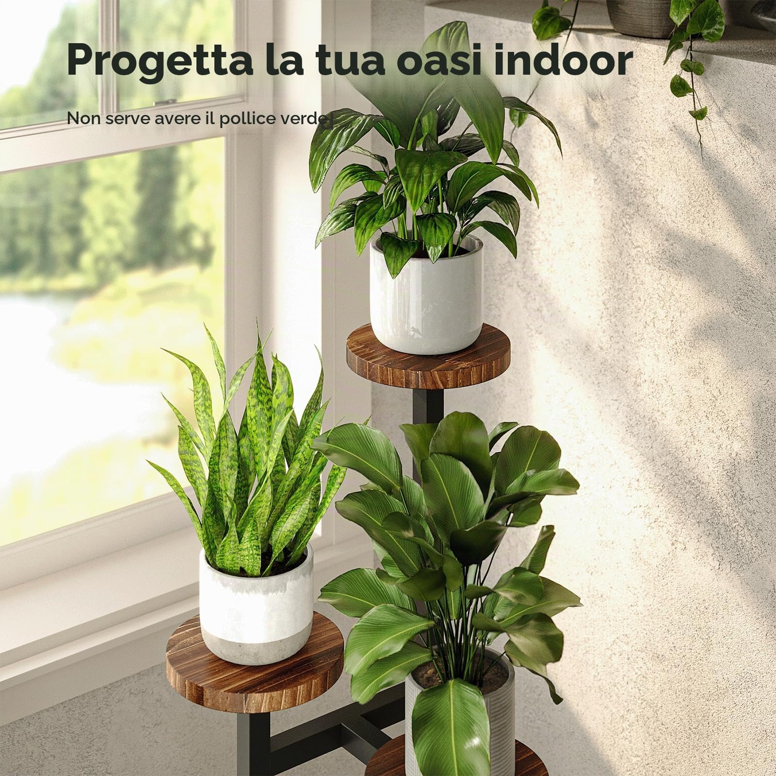 Bamworld, supporto per piante da angolo, in metallo e legno, scaffale per piante da interno, supporto per piante alte da esterno, tavoli per piante, scaffale per piante da interno, supporto a 3