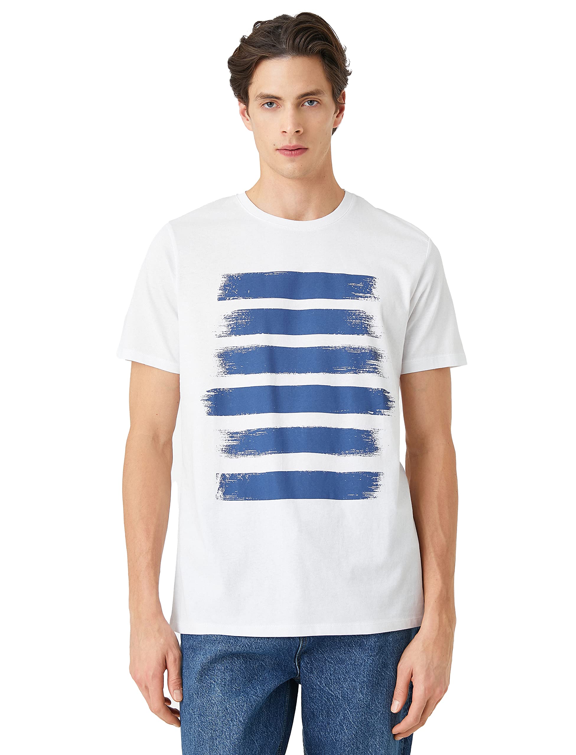 Koton Men's Bedrucktes T-Shirt Rundhals Ärmel, Weiß (000), S