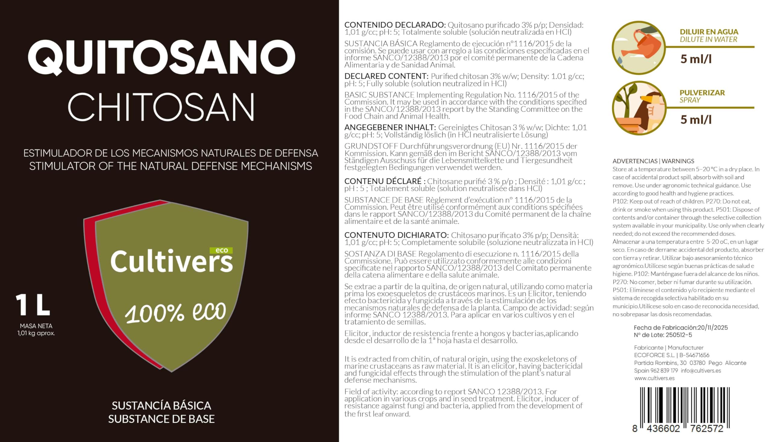 CULTIVERS Chitosane 1 L Activateur de mécanismes de défense des plantes Substance de base écologique