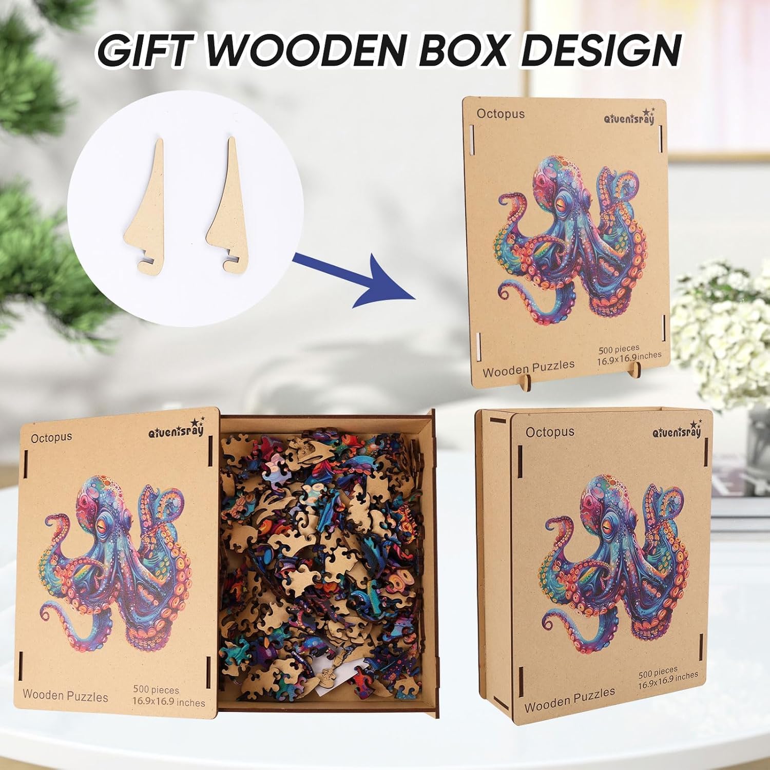 Qiuenisray 500 Piece Puzzles for Adults, Wooden Octopus Jigsaw Puzzles, FSC Certified Cool Puzzles, Unique Shape Ocean Puzzle Piece, Wall Decor, Wood Puzzles Creative Gift for Family Game 16.9x16.9 in