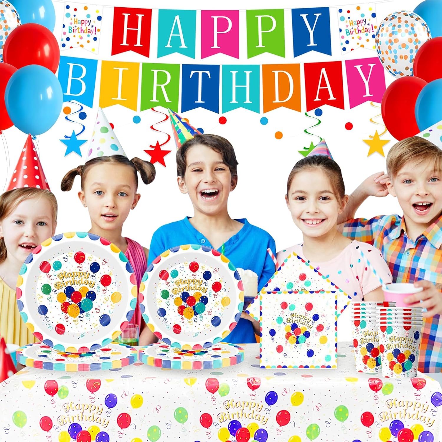137 Pcs Happy Birthday Decorations: Colorful Birthday Party Supplies Set with Balloon Design - Includes Disposable Plates and Napkins, Cups, Tablecloth, and Banner for Boys/Girls, Serves 24 - Image 5