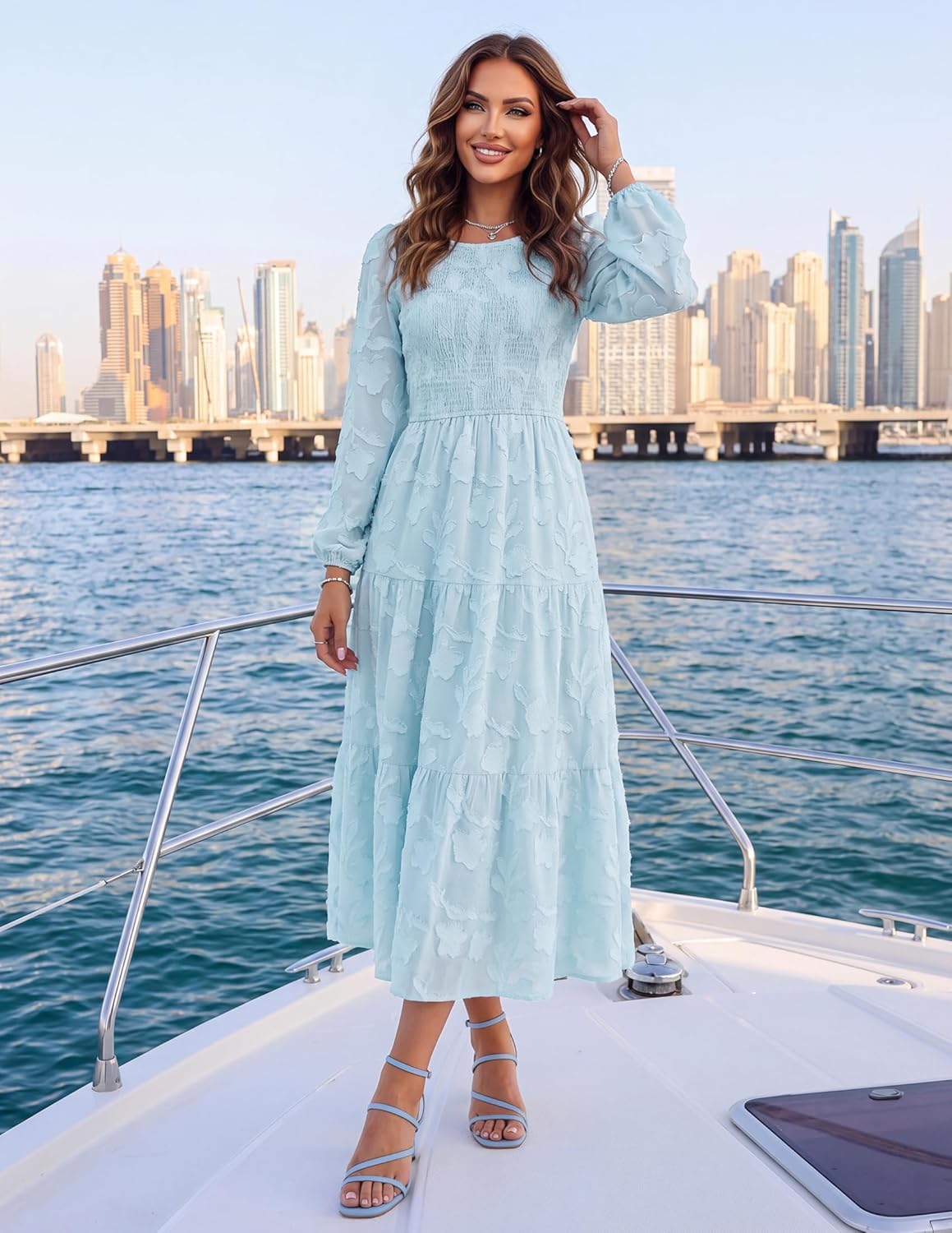 ZESICA Women's Fall Boho Floral Midi Dress 2026 Casual Long Sleeve Crewneck Flowy Wedding Guest Long Dresses