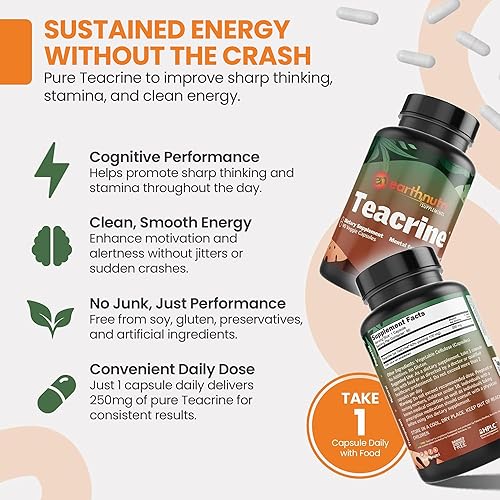 Miniatura 2 de EarthNutri Teacrine Energy and Focus Suplemento  Sin gluten ni aditivos  1 cápsula diaria  Cápsula vegetal para mejorar el estado de alerta y