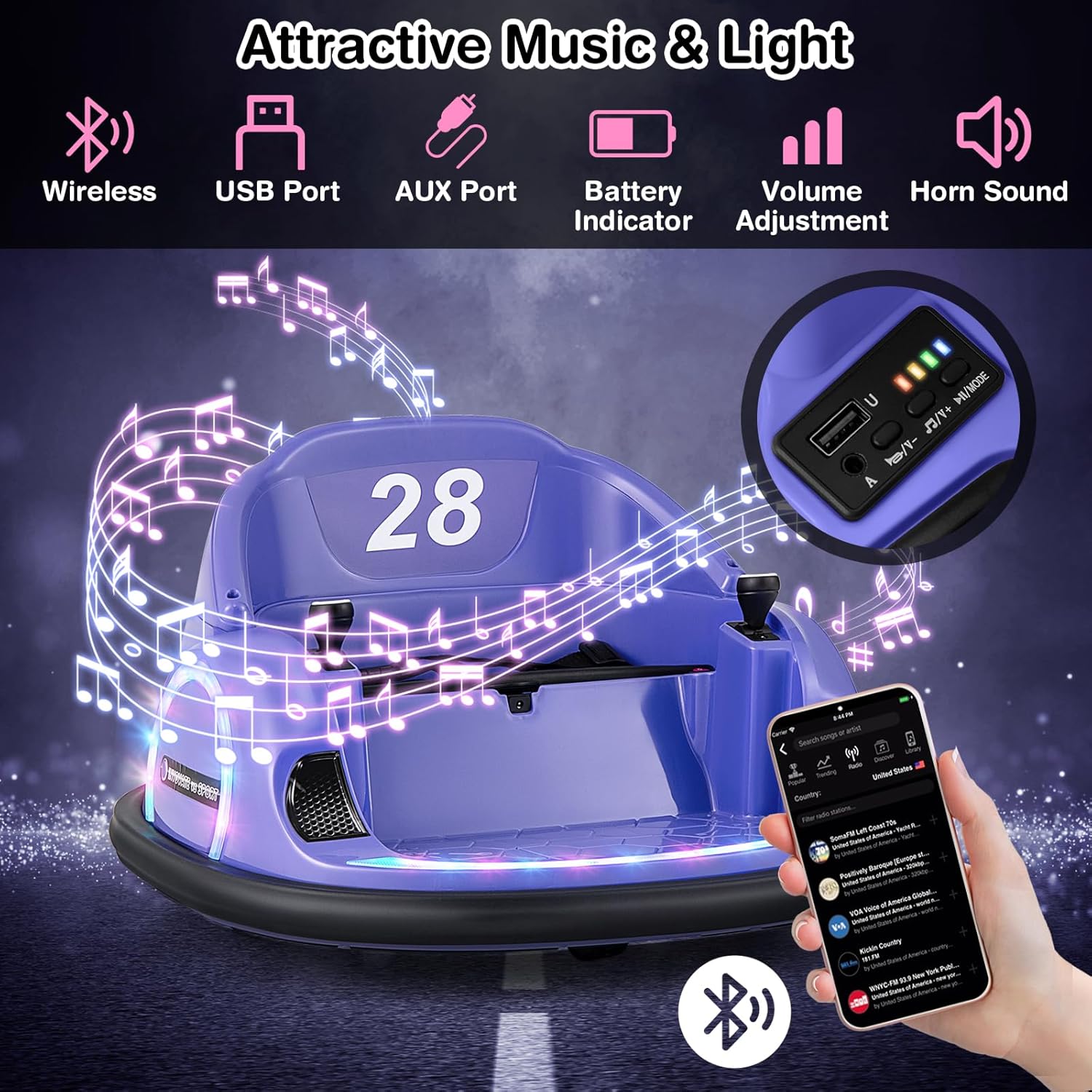 HONEY JOY 12V Baby Bumper Car, Bumper Car for Toddlers, Ride On Toy Car with Remote Control, 360 Degree Spin, Music, Bright LED Lights, Electric Bumping Car for Kids Boys Girls (Purple)