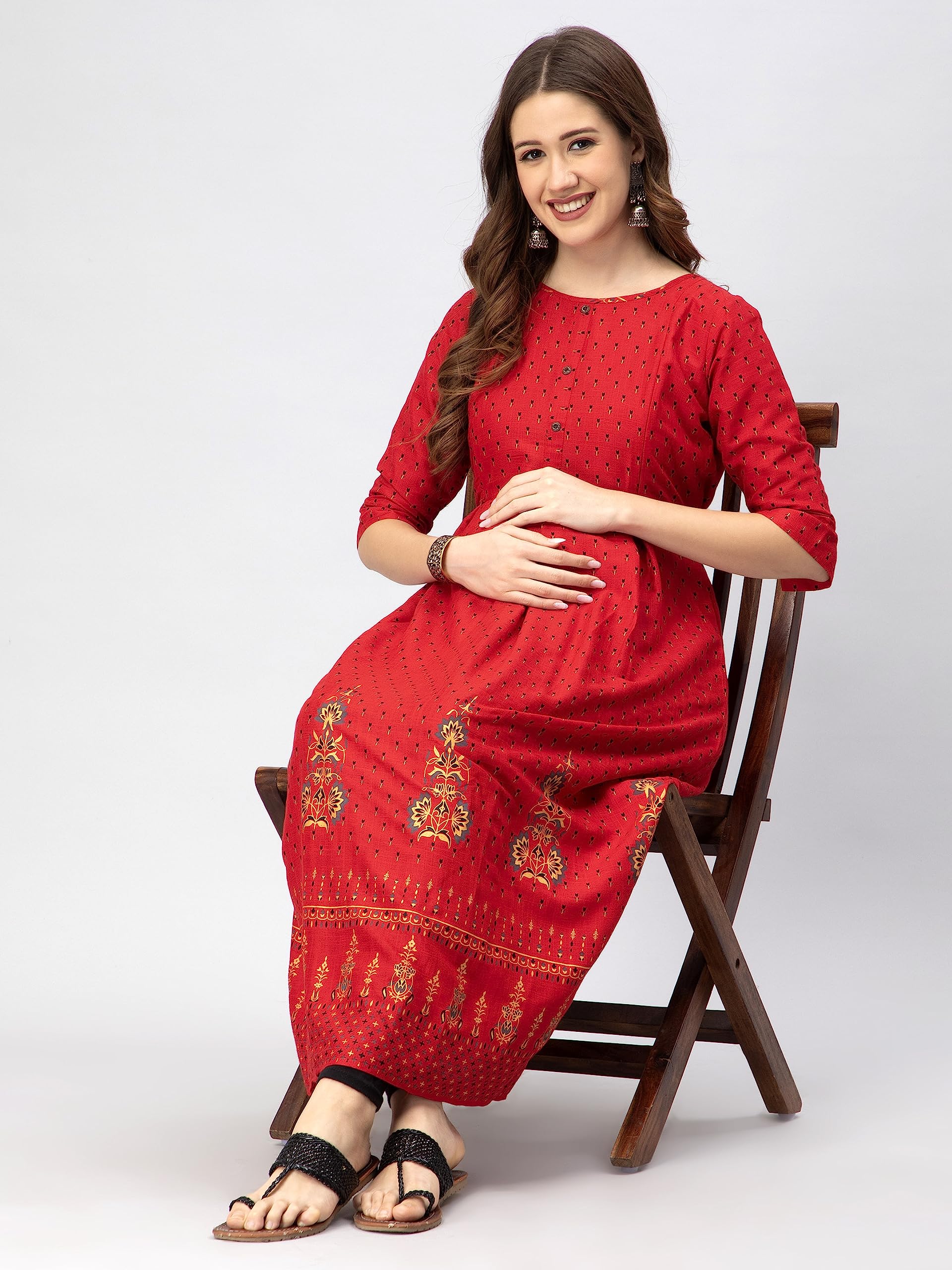 CEE 18 Women's Cotton Rayon Flaired Maternity Dress Feeding Kurti with Zippers(9894_42,Tomato Pink,XL) 2