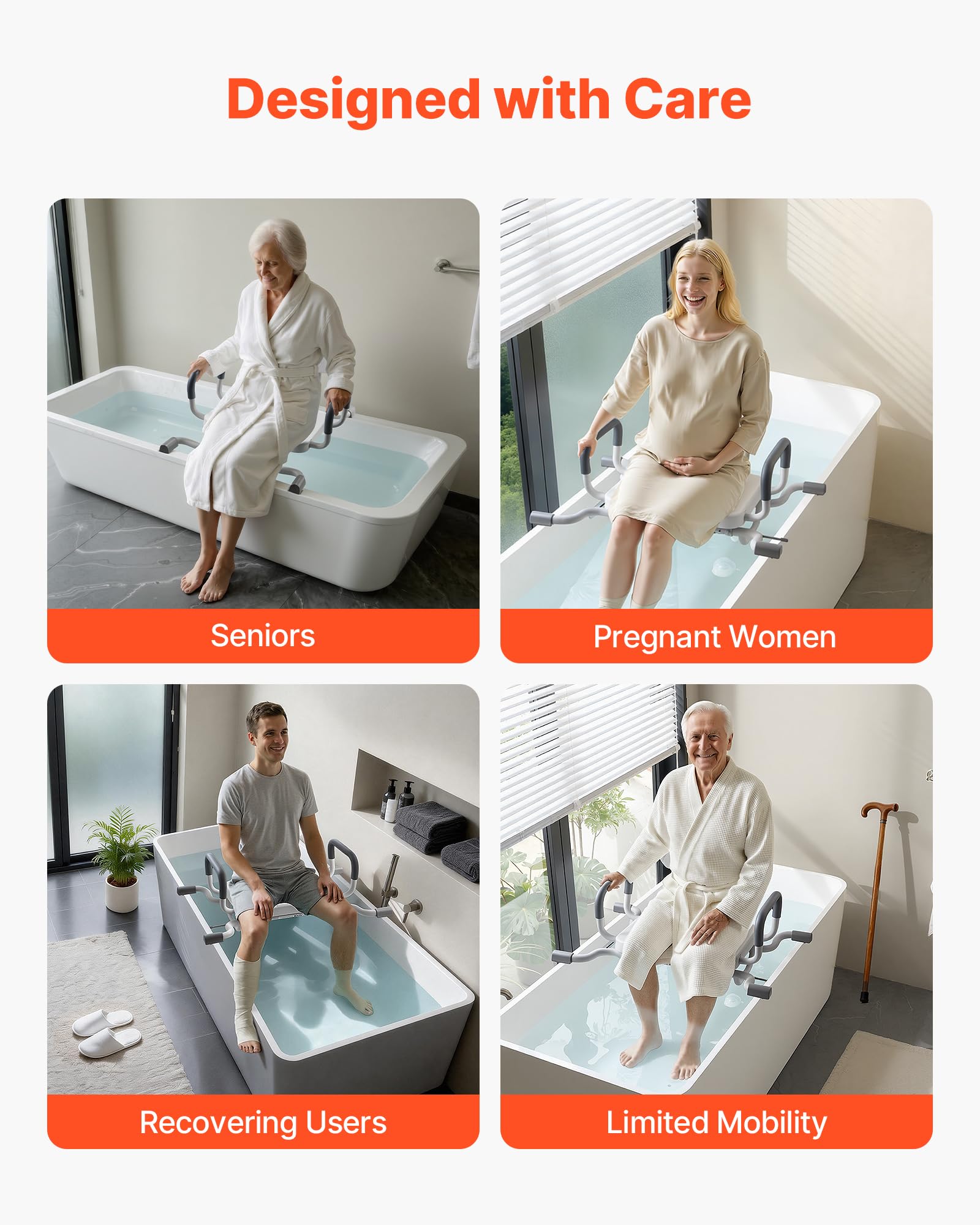 VEVOR Tabla de Bañera con Brazos y Respaldo, Asiento de Bañera con Mango Carga de 100 kg, Ancho de 740 mm o 790 mm Silla Giratoria de 360° para Adultos, Personas Mayores, Personas con Discapacidad