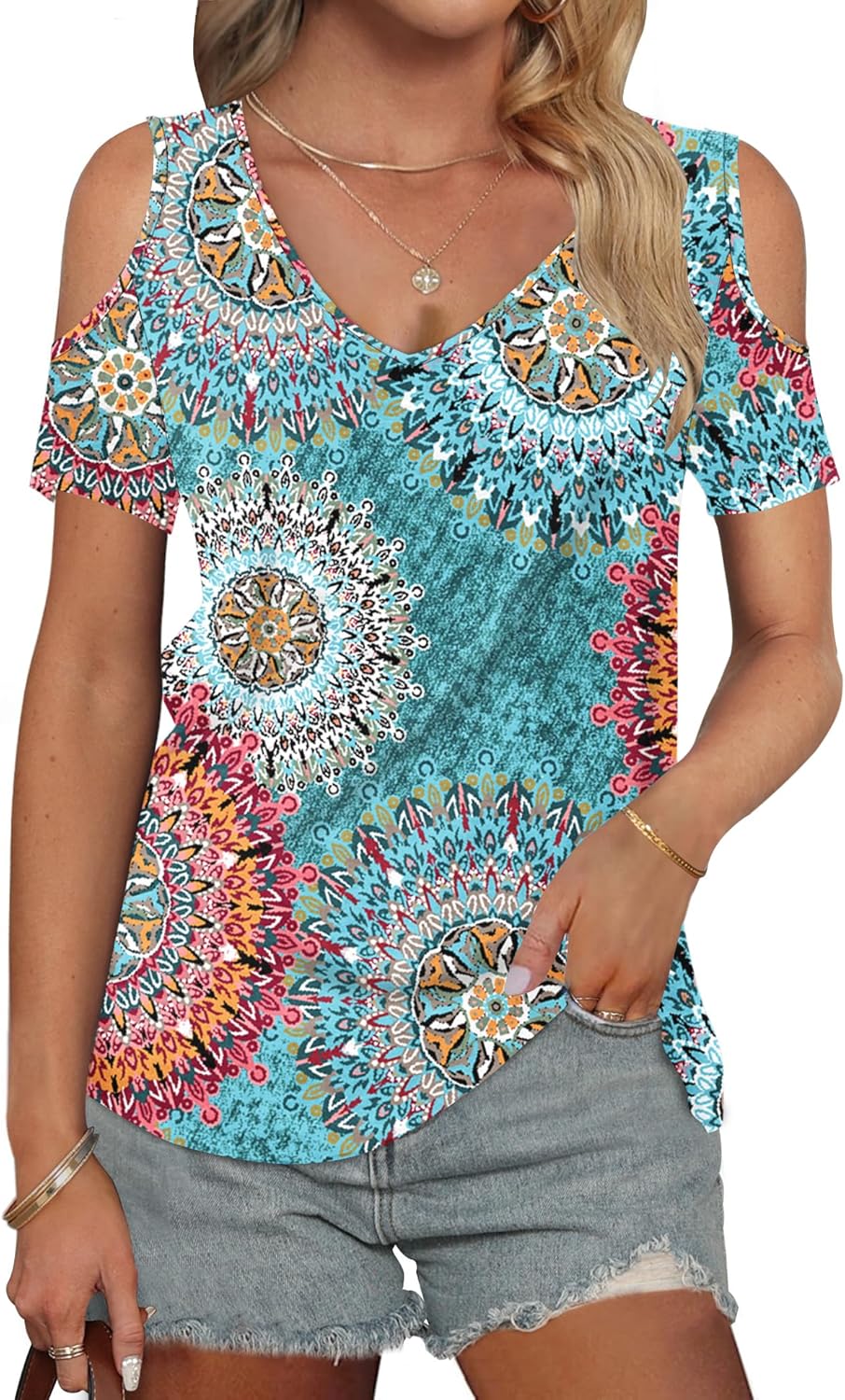 AUSELILY Womens Summer T Shirts Casual Ladies V Neck Tops Short Sleeve Cold Shoulder Loose Fit Blouse