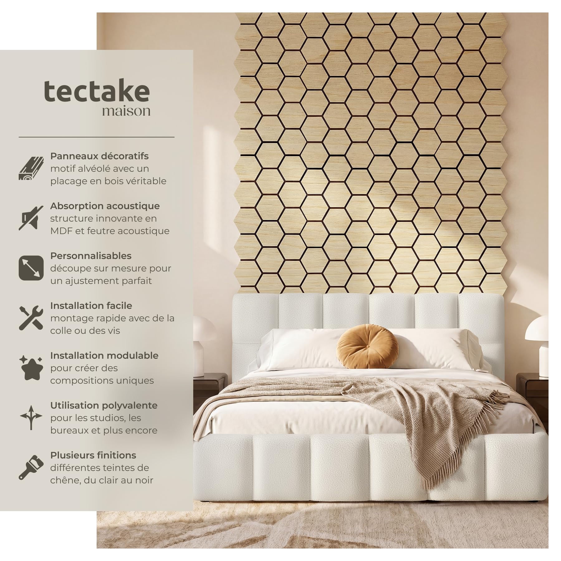tectake® Panneaux acoustiques 76 x 62 cm, Lot de 8, Aspect Chêne, MDF et Placage en bois véritable, Découpables, Feutre insonorisant, Panneaux isolants phonique, Montage facile - Chêne Clair
