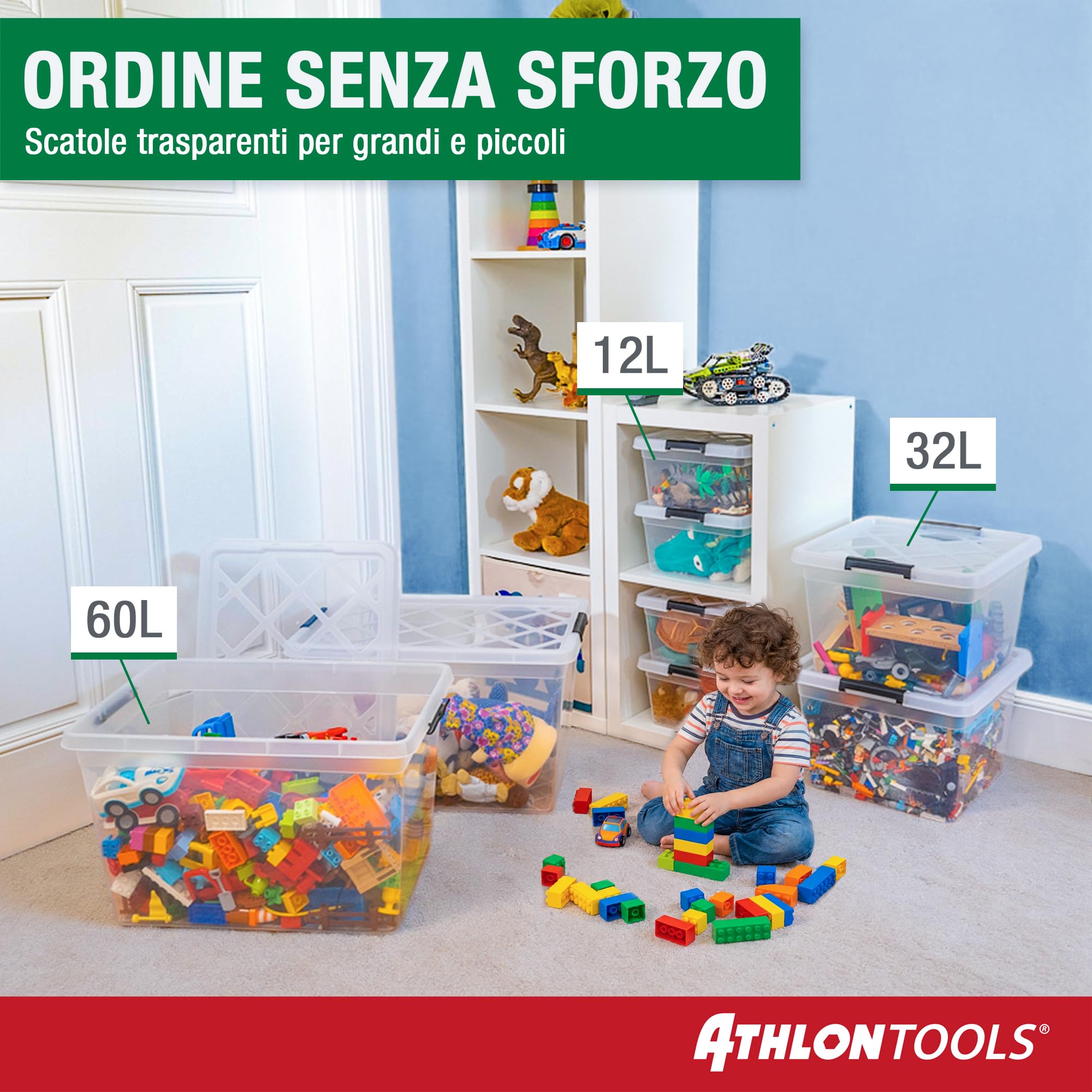 ATHLON TOOLS 4x 12,5L Scatole Plastica Trasparente con Coperchio – Contenitori Impilabili con Clip di Chiusura – Adatte per Alimenti – 100% Materiale Nuovo – Organizer Casa Cucina Ufficio Garage