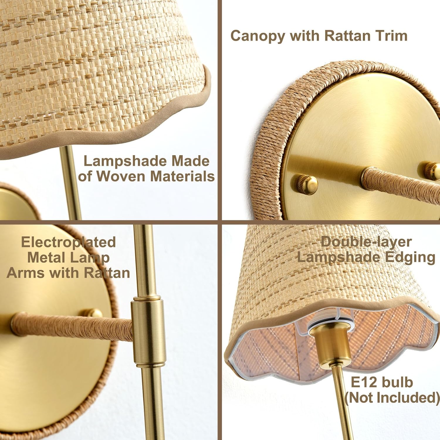 Natural Rattan Wall Sconces Set of 2, Boho Hand-Woven Wall Mounted Light Fixture Decor with Rattan Lampshade Sconces for Home Bedroom Living Room Hallway Kitchen Stairs(Gold)