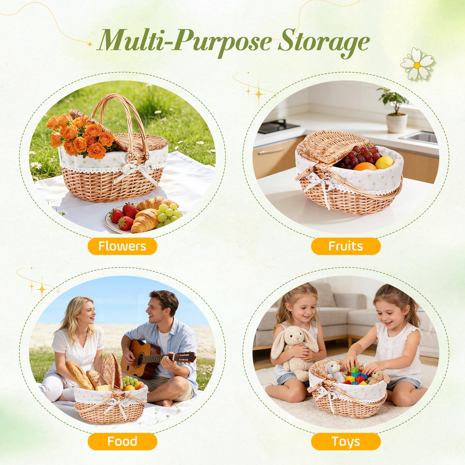 Wicker Picnic Basket Cesto Picnic in Vimini Fatto a Mano, Grande Cesto Portaoggetti con Doppio Coperchio Ribaltabile & Manico Pieghevole per Picnic all’Aperto, Spiaggia,Deposito Hiking, BBQ
