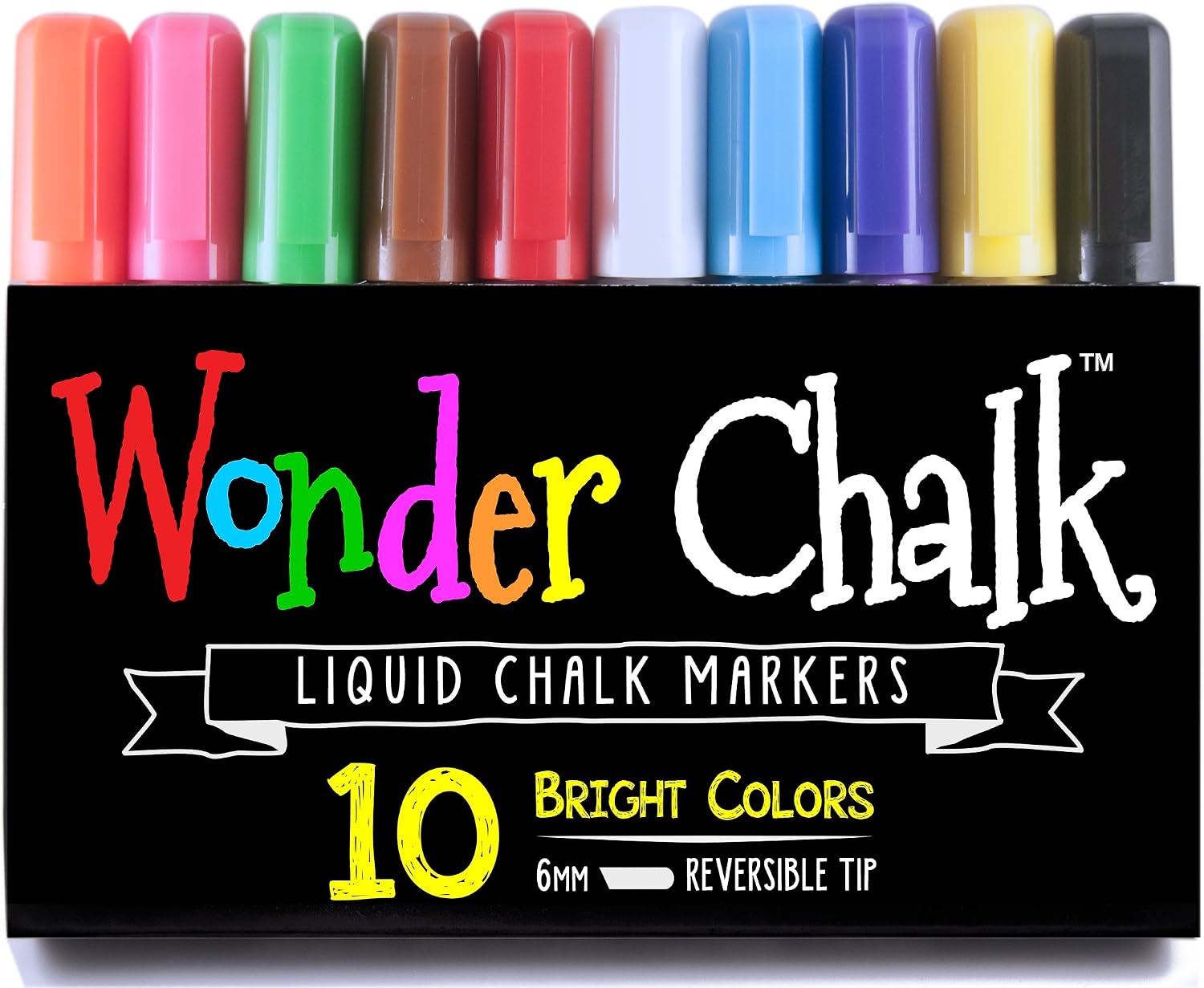 Chalk Markers by Wonder Chalk - Liquid Chalk Paint Pens in 10 Bright Colors, Wet Erase, Odor Free, Non-Toxic Water-based Ink, 6mm Reversible Tip for Fine or Thick Lines on Chalkboards & Non-porous Surfaces