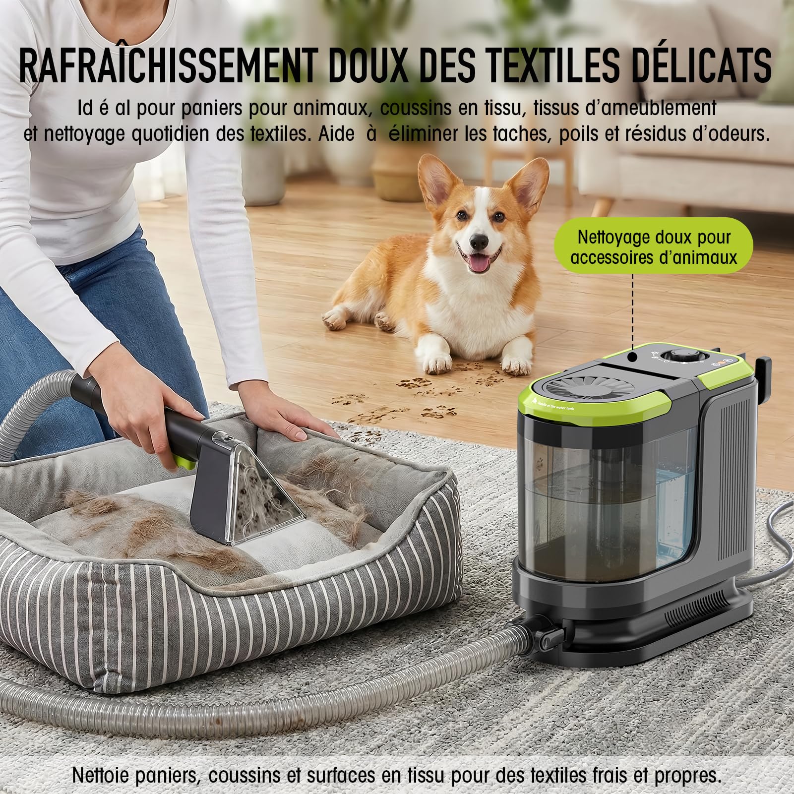 HYCHIKA Shampouineuse Canapé, Nettoyeur Canapé Tissu 1800W, 17 kPa Injecteur Extracteur Portable, avec Double Réservoir et Auto-Nettoyage, pour Tapis/Coussins/Sièges Auto, Familles Animaux