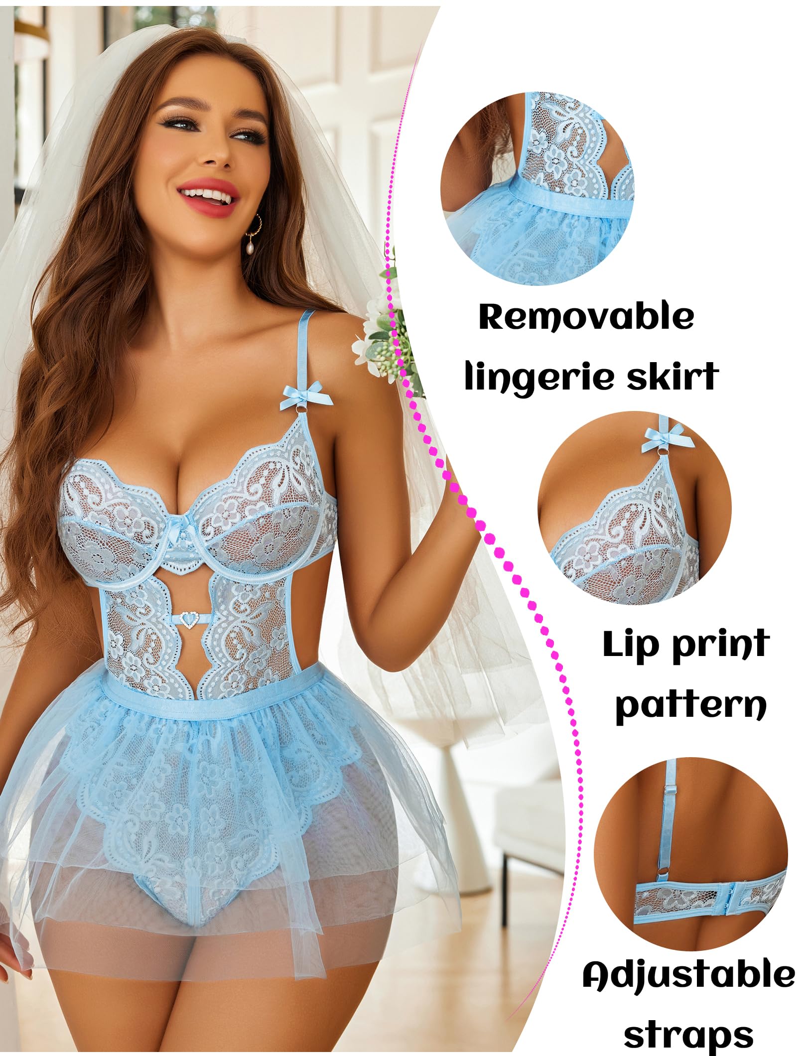 WBDWWTD Seksowny komplet bielizny Koronkowe body na fiszbinach z odpinaną mini spódniczką z siateczki Bielizna typu push-up typu Teddy