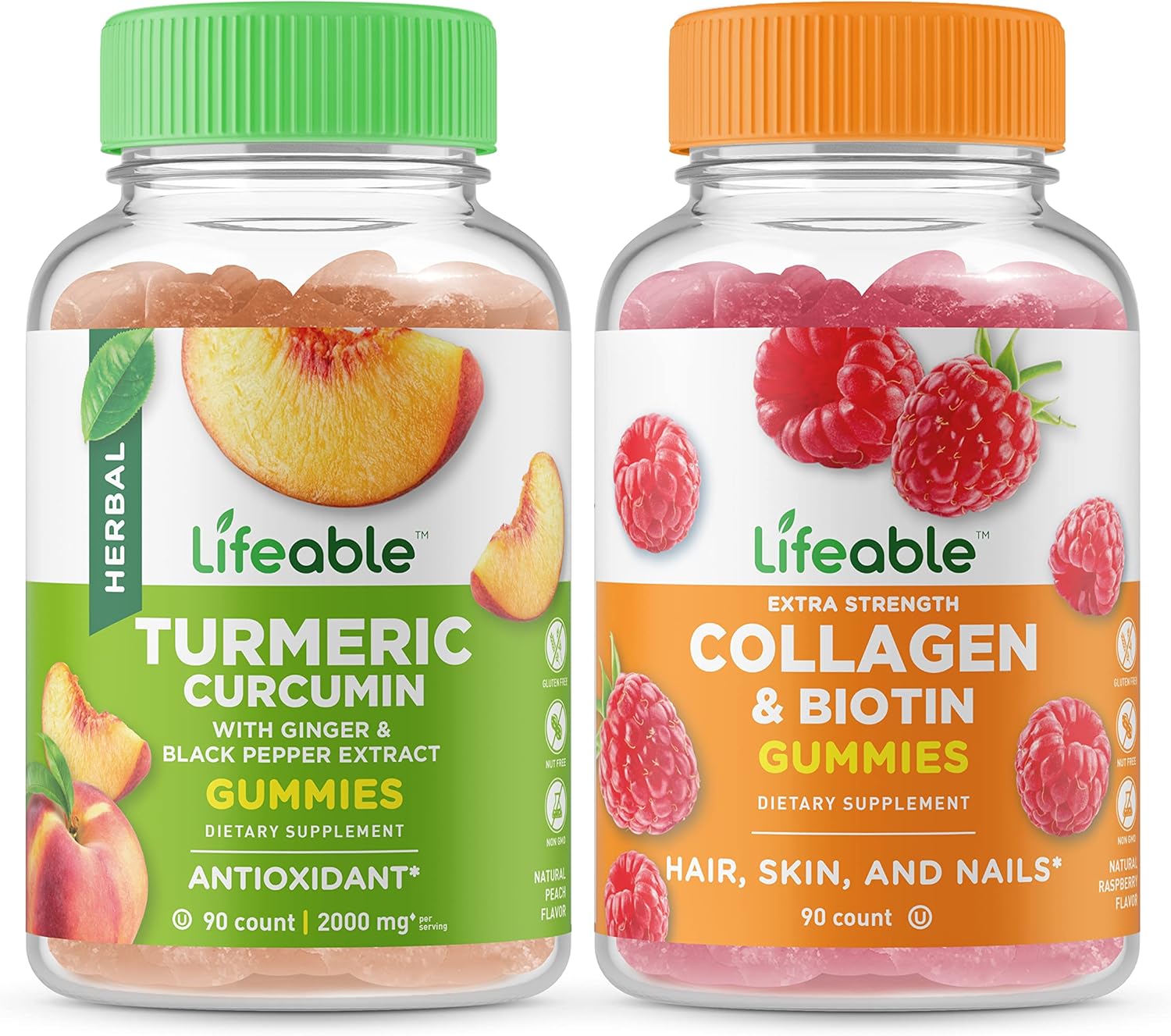 Lifeable Turmeric Curcumin + Collagen & Biotin, Gummies Bundle - Great Tasting, Vitamin Supplement, Gluten Free, GMO Free, Chewable Gummy