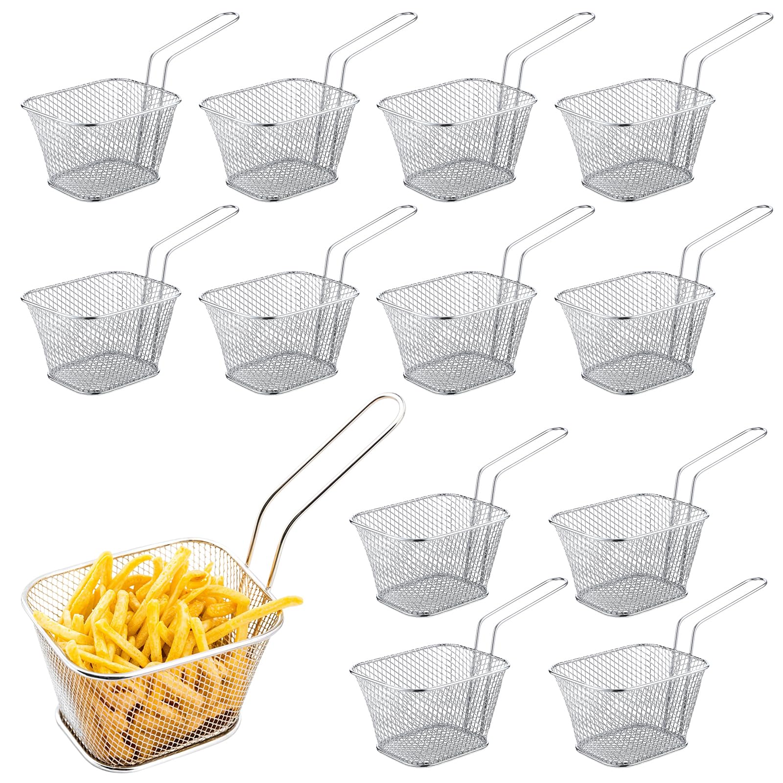 12 Pcs Mini Square Fry Basket, Stainless Steel French Fry Holder Food Baskets with Handle, Reusable Small Deep Fryer Baskets for K