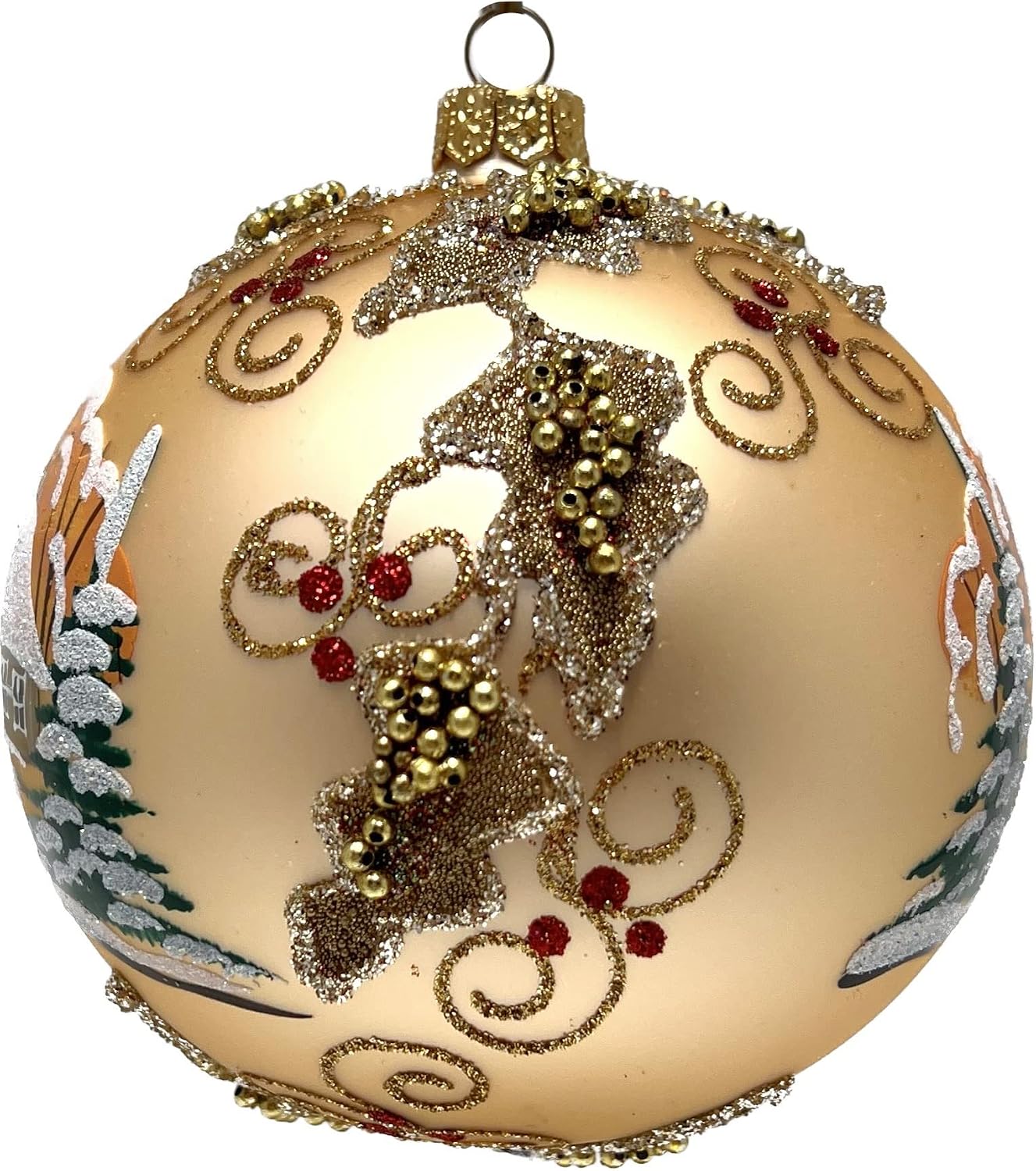 Gold Christmas Ornament Polish Blown Glass Ball Hand Painted Medium Bauble 5 inch/120mm Mistletoe Leaves