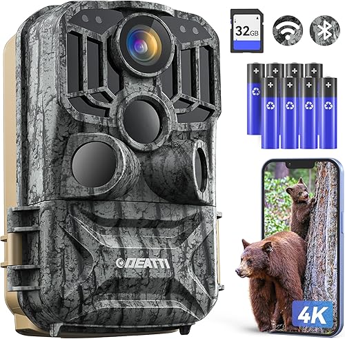 DEATTI Trail Camera 48MP 4K Game Camera with 8 Batteries 32GB SD Card,WiFi Bluetooth Connection,Trail Cameras with Night Vision Motion Activated Waterproof for Wildlife Deer Outdoor 0.1s Trigger Time