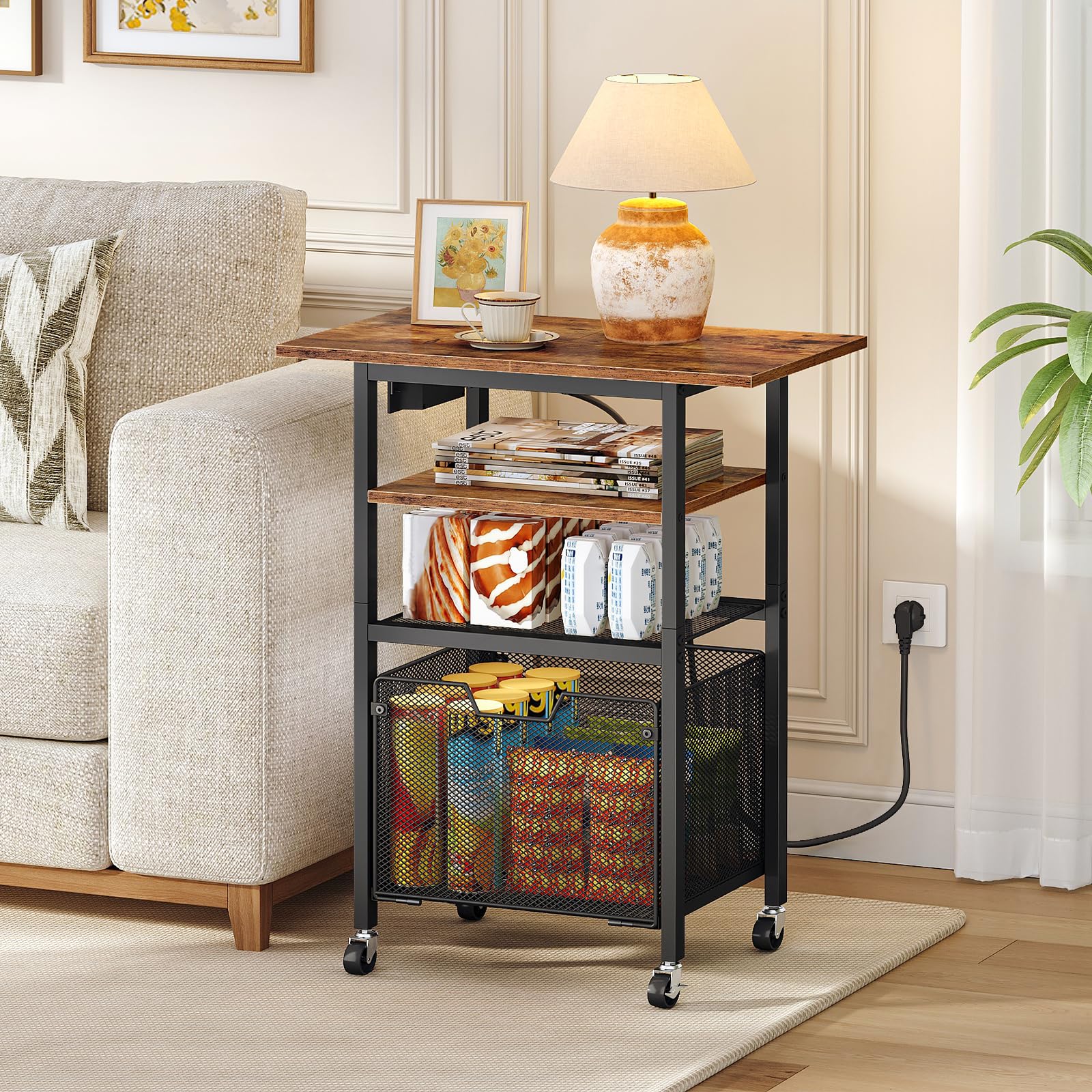 HOOBRO Soporte de Impresora con Estación de Carga, Mesa Rodante con Cajón para Documentos, Carrito Móvil de 4 Niveles con Toma CA, para Oficina, Marrón Rústico y Negro EBF17CPS01