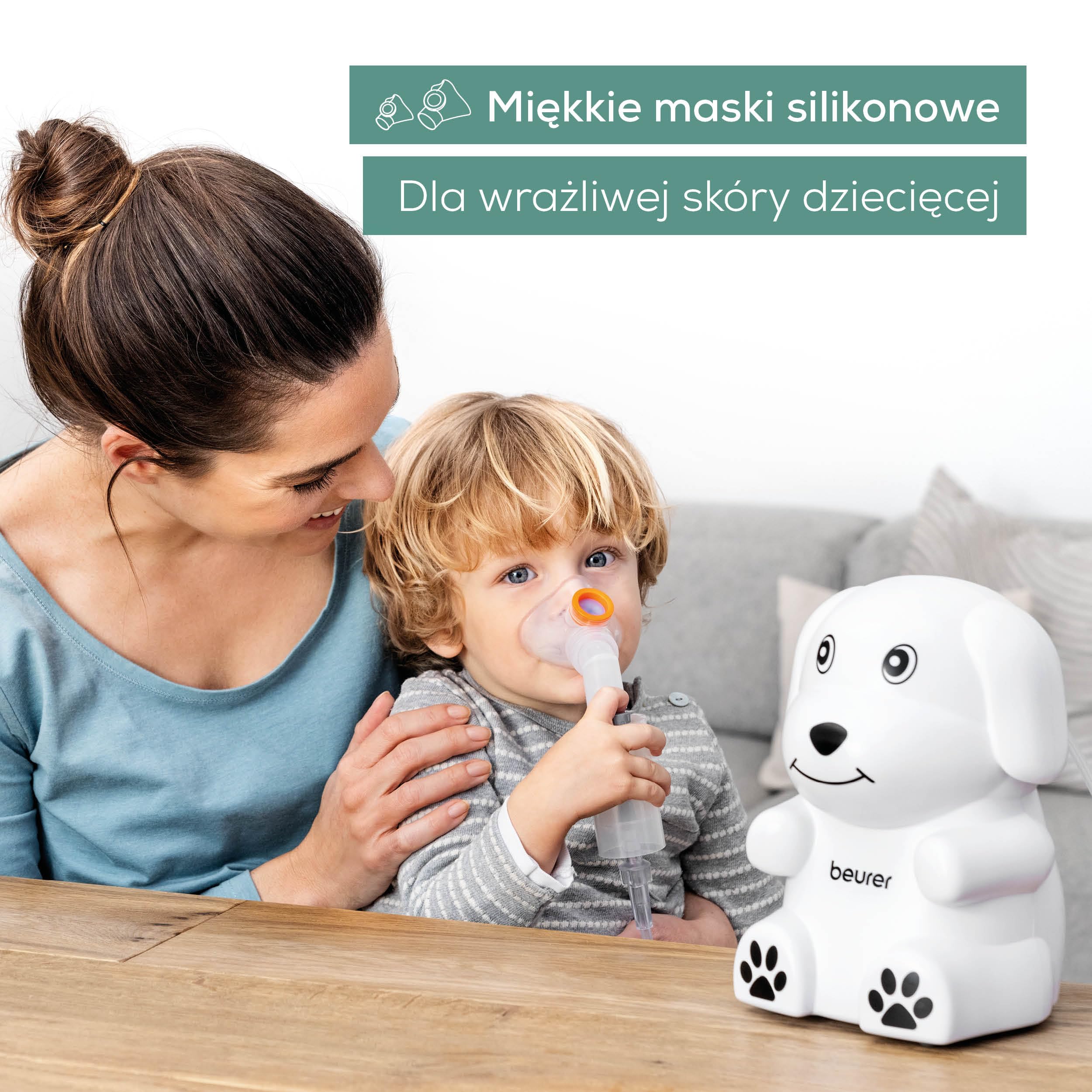 Beurer IH 24 Kids inhalator z przyjazną dla dziecka konstrukcją do nebulizacji płynnych leków, od 6 miesięcy, wysoka wydajność nebulizacji i krótki czas inhalacji, silikonowa maska dla wrażliwej skóry