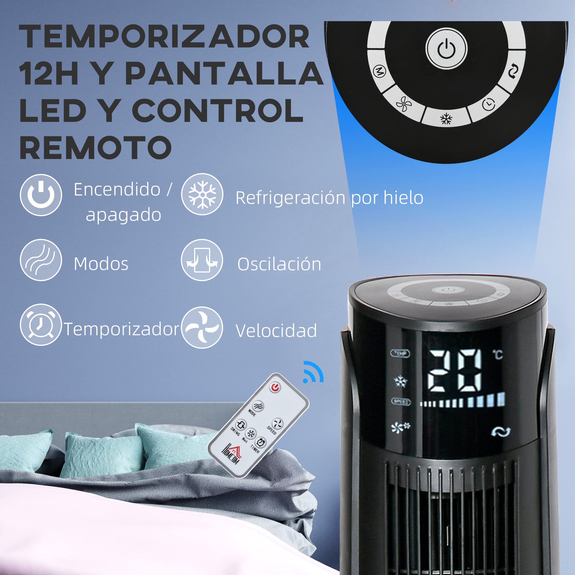 HOMCOM Climatizador Evaporativo 60W Silencioso con Mando a Distancia 3 Velocidades 4 Modos Oscilación 70° Pantalla LED Táctil y Temporizador 12h para Dormitorio Salón 31,5x31,5x107 cm Negro