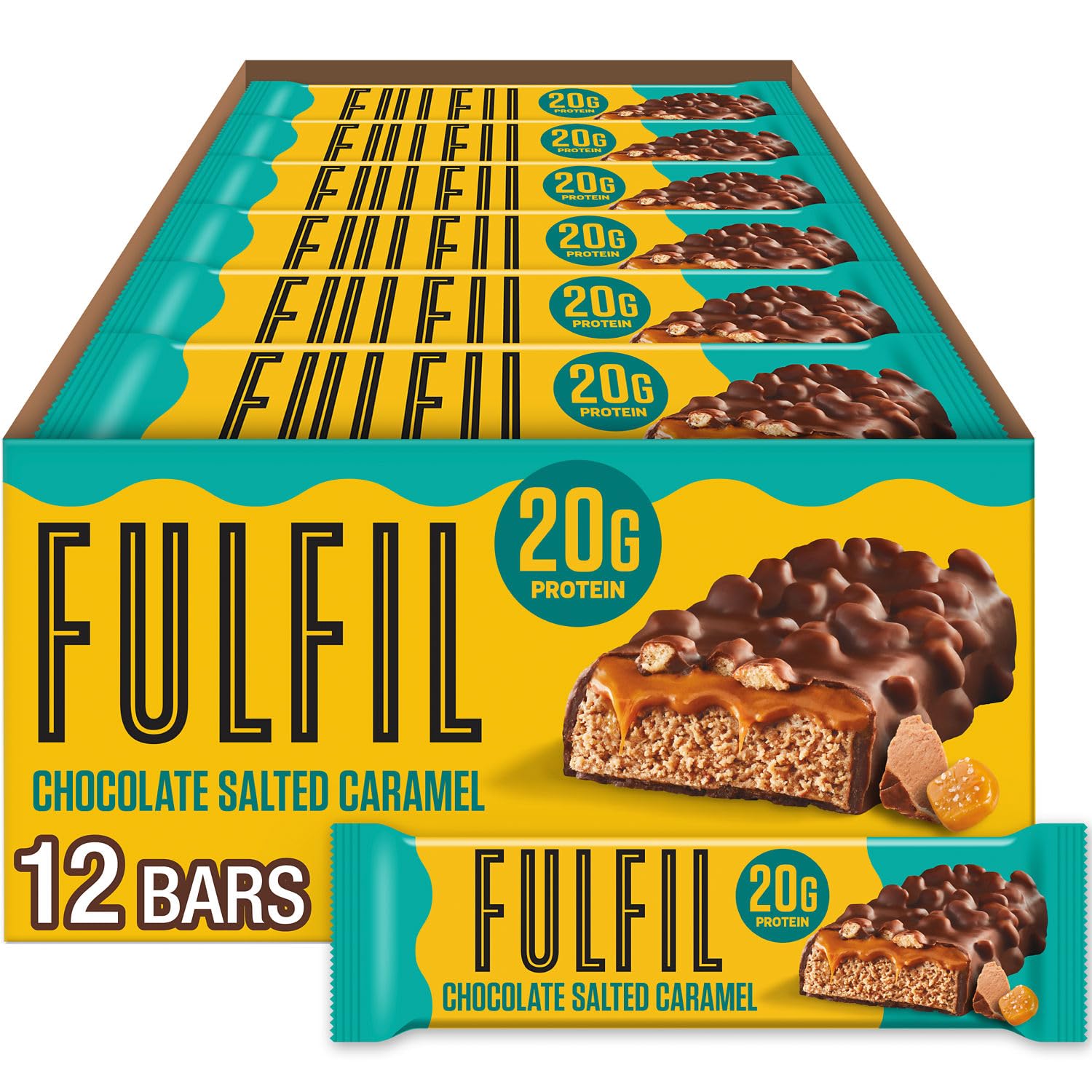 FULFIL Protein Bars, Chocolate Salted Caramel Flavored, Gluten Free with 20g Protein, Pantry Staples, 12 Count
