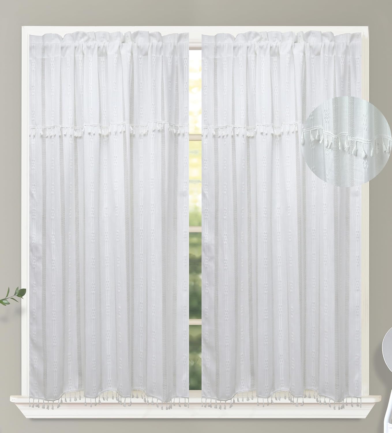 GOHD Country Road Window Curtains Boho Jacquard Stripe Tassel for Living Room Window Curtain,Rod Pocket Farmhouse Curtains for Bedroom 3 Size, Cotton and Linen Like Texture(63in,Ivory)